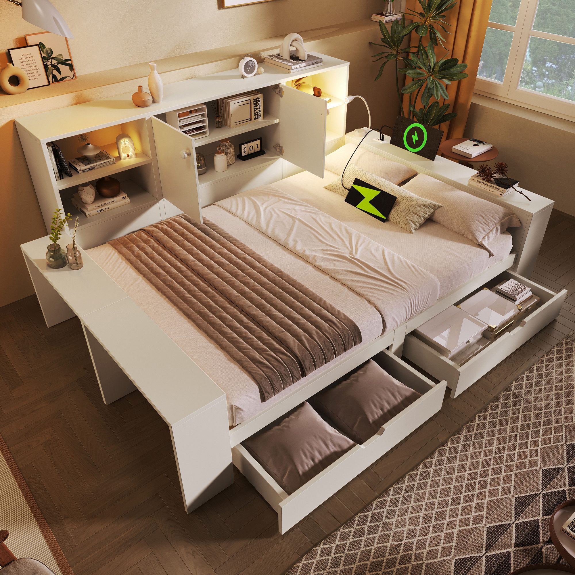 STILVORA Stauraumbett 140x200 mit USB/USB-C Anschlüssen Schlafsofa Tagesbett mit Schubladen (Holzbett mit Schubladen,modern, weiß, mit Stauraum, Rückwandfächer, Doppeltüren), Leselicht, stabil, leise, platzsparend