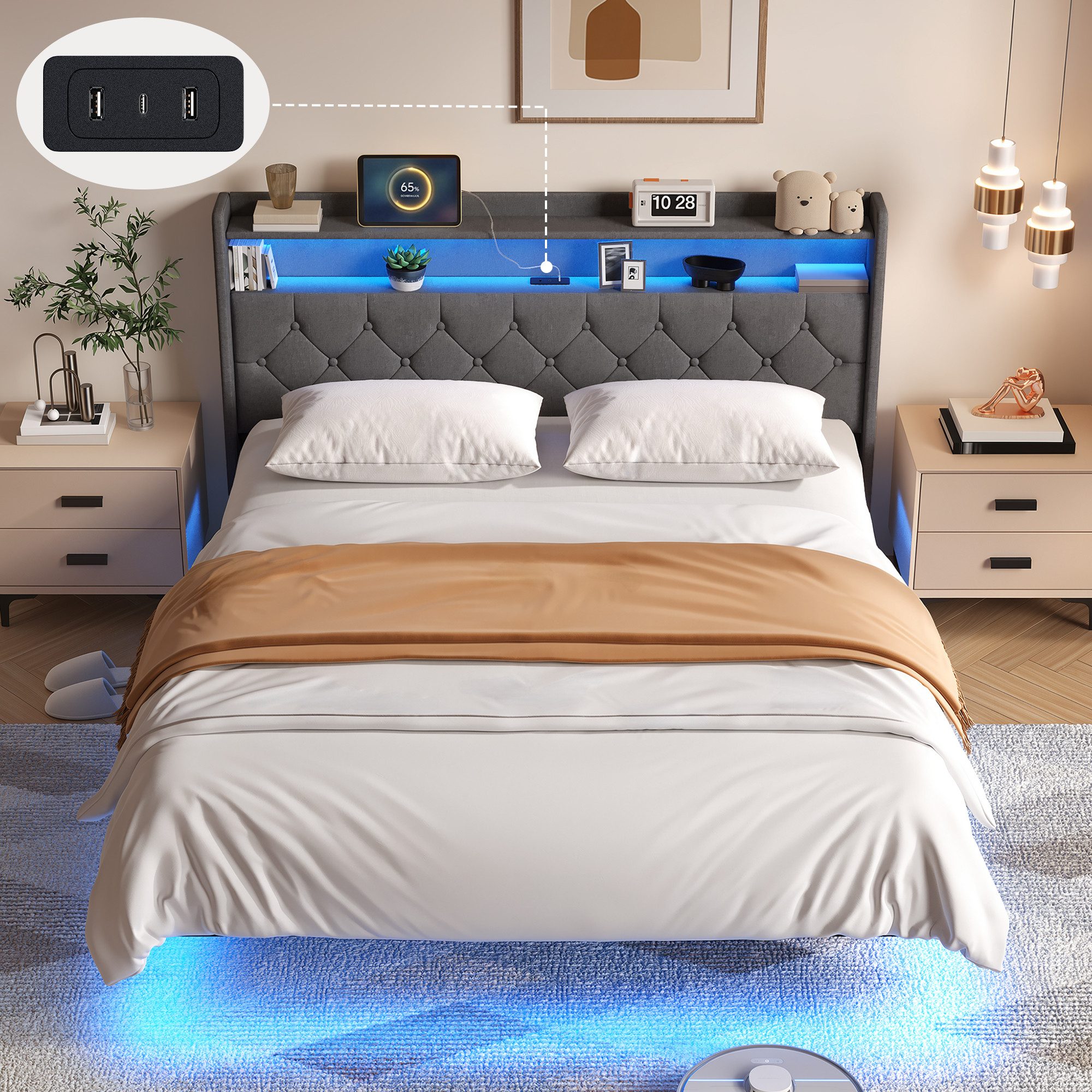Bealife Polsterbett Bettrahmen mit Ladestation und LED-Beleuchtung (2 Modelle (140x200, 160x200), Mit gepolstertem Kopfteil