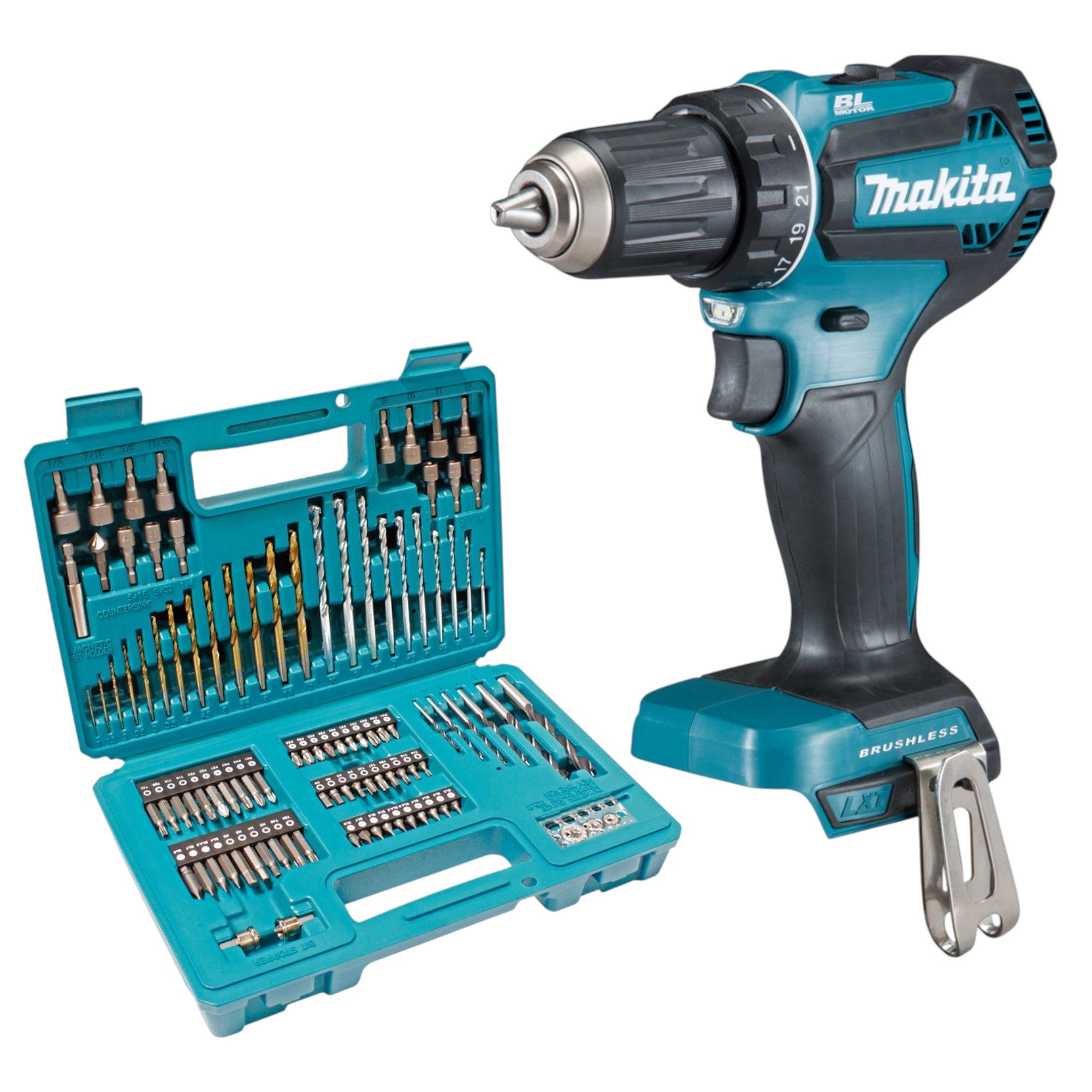 Makita Akku-Schrauber DDF 485 Z 18 V 50 Nm Brushless + 102 tlg. Bit Bohrer Set - ohne Akku