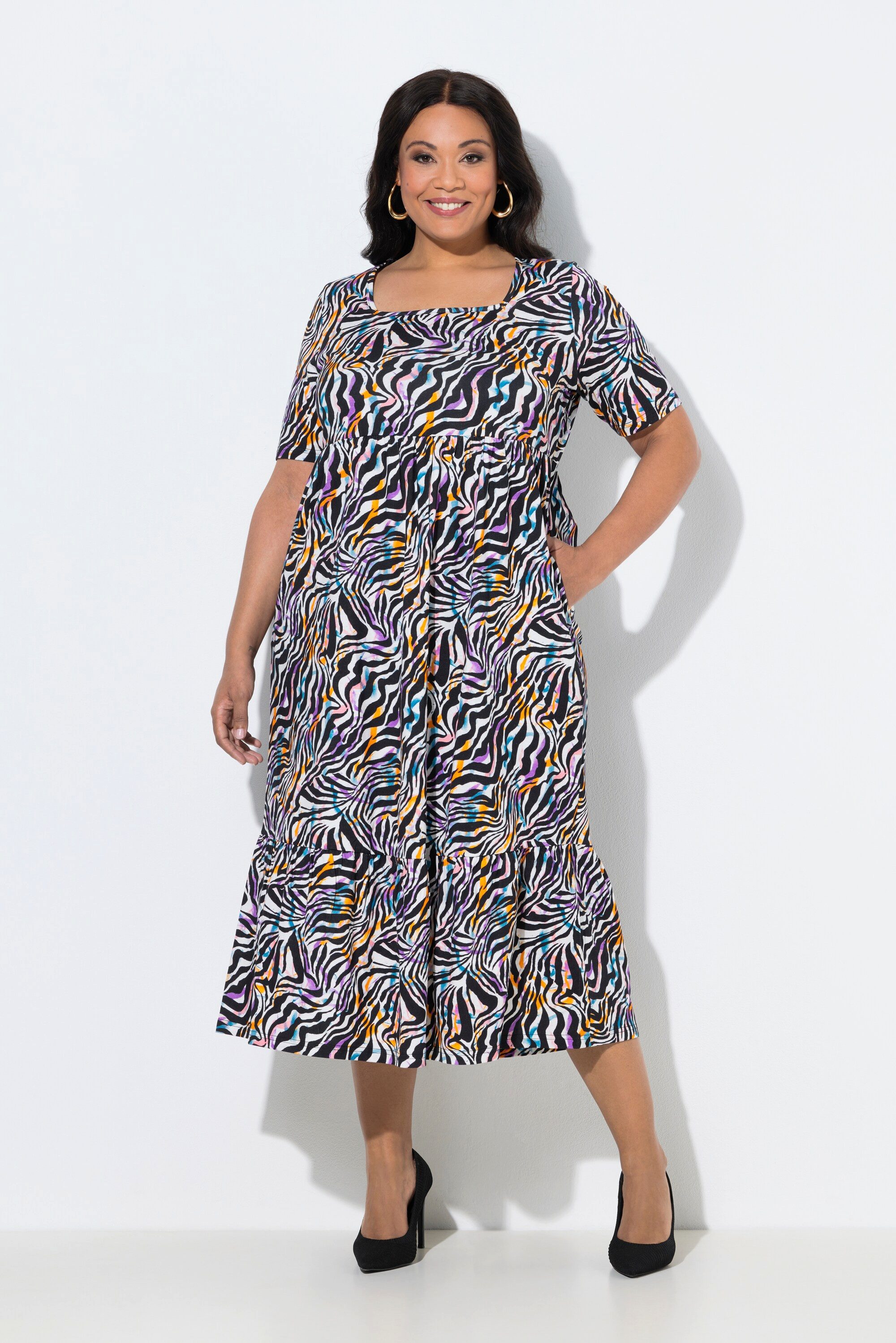 Ulla Popken Maxikleid Maxikleid Animal A-Linie Carré-Ausschnitt Halbarm