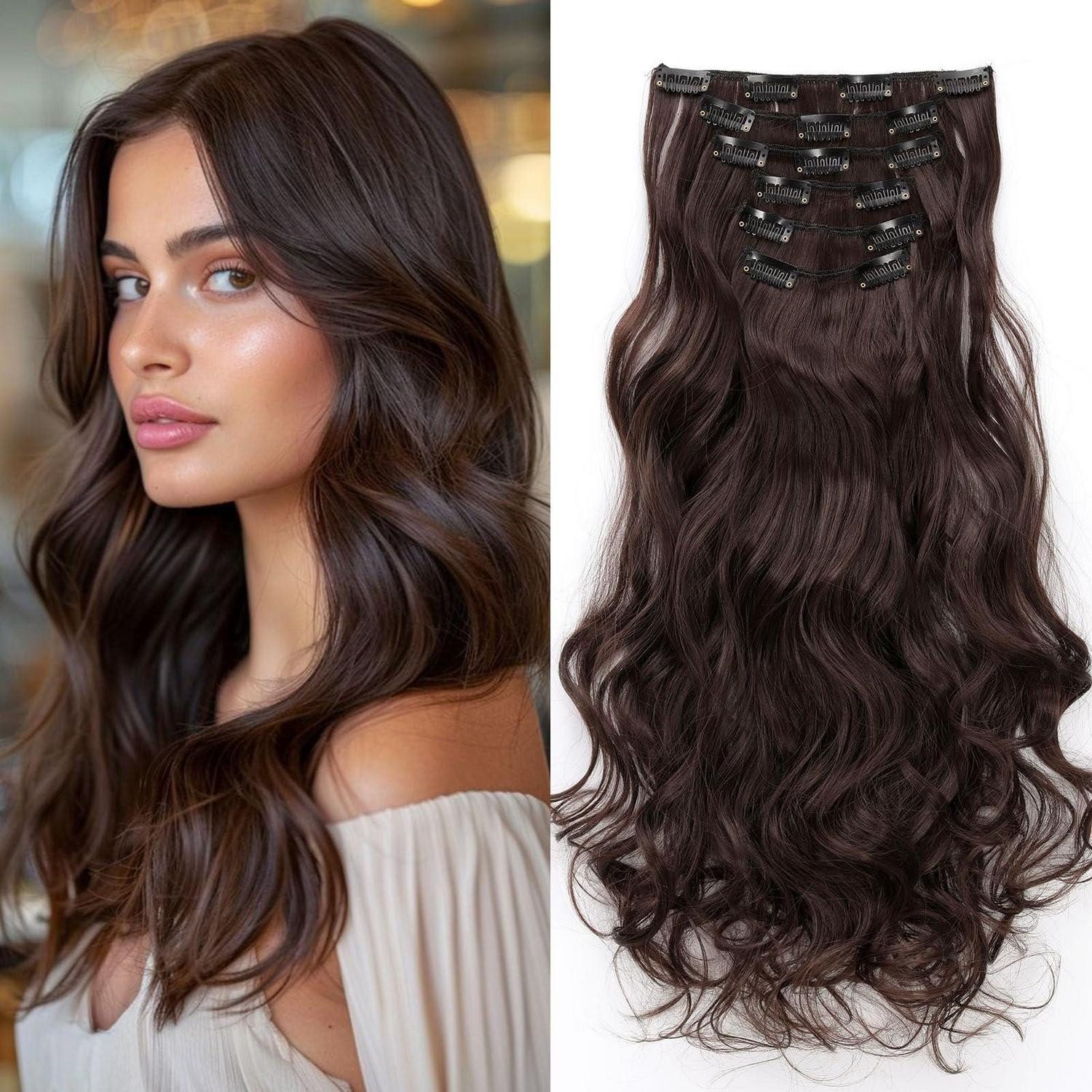 LuxusKollektion Kunsthaar-Extension Clip in Extensions Haarteil 6 Teile Gewellt 48 cm Mittel braun