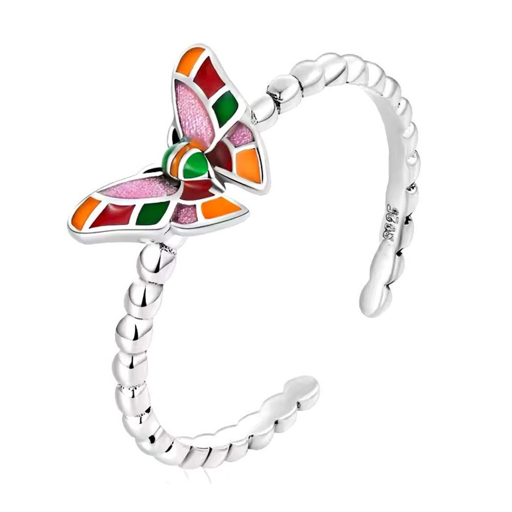 Runde Perlé Silberring zarter verstellbarer Ring "Bunter Schmetterling", 925 Sterling Silber, emailliert (inkl. Geschenkverpackung)