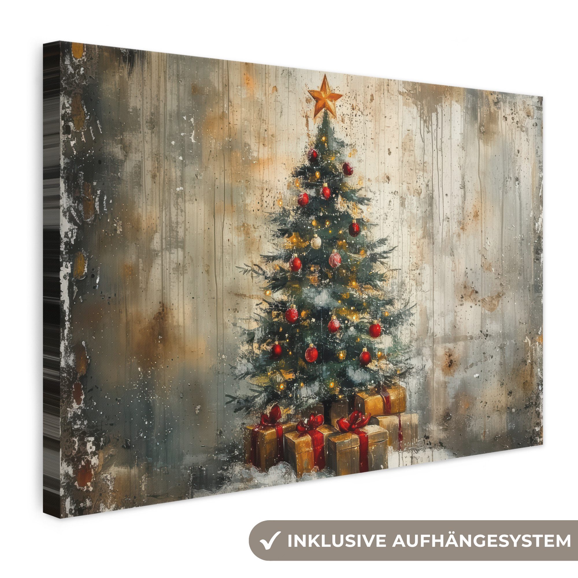 OneMillionCanvasses® Leinwandbild Weihnachtsbaum - Vintage - Weihnachten - Geschenk, Fotodruck (1 St), Leinwand Bilder Klein, Wand Dekoration Aesthetic 30x20 cm