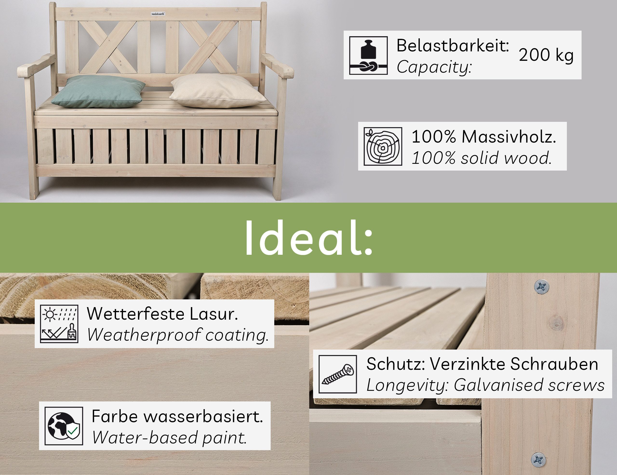 needs&wants® Gartenbank Holz wetterfest mit Stauraum, Truhenbank Holzbank Sitzbank Truhe braun, mit Textil Abdeckung 2-Sitzer Parkbank Garten Outdoor klassisch  – Bild 5 von 5