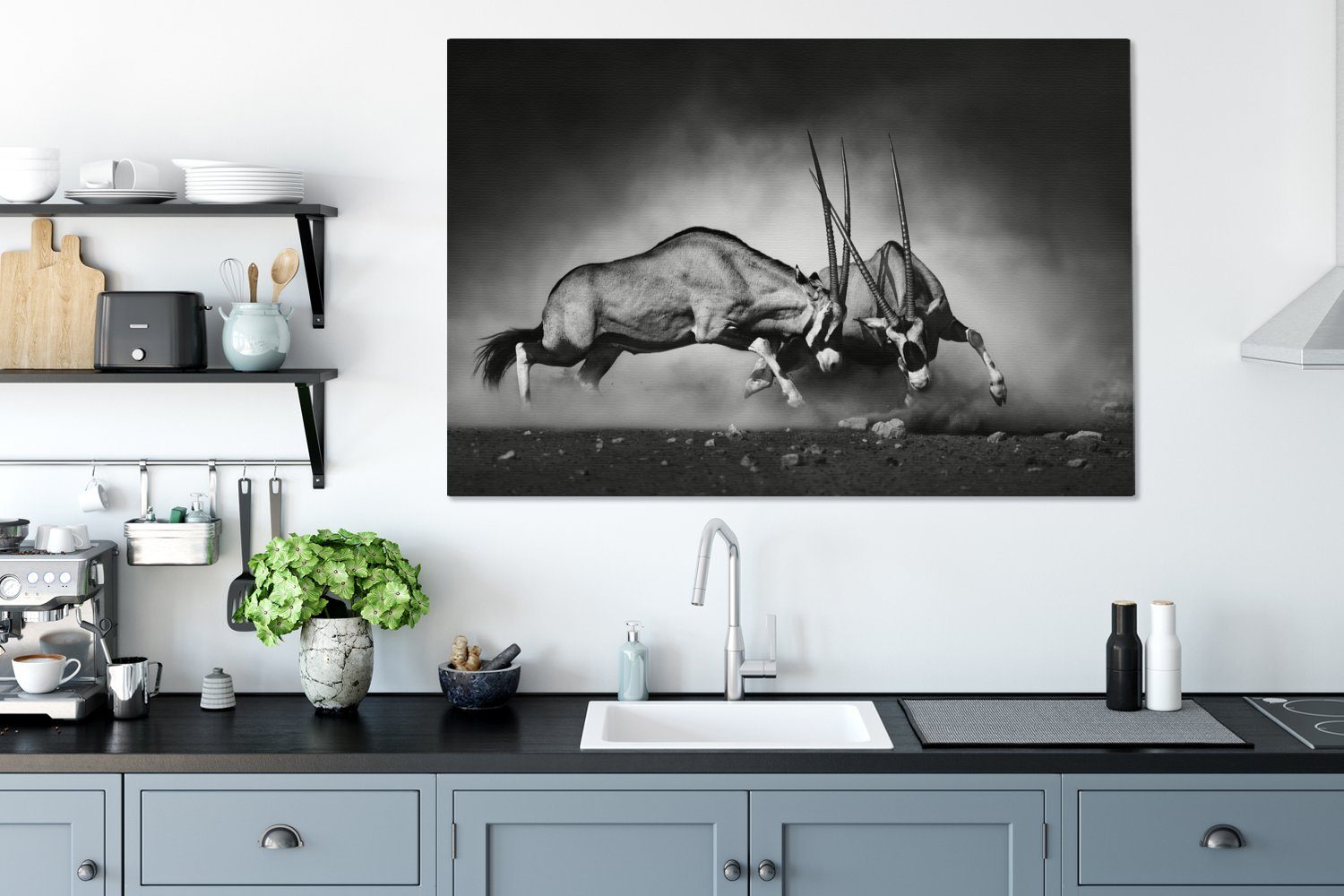 (1 Gemälde, Wildtiere großes, OneMillionCanvasses® - - St), und - für Antilope Porträt 120x80 Schwarz Tiere, Wandbild XXL, alle weiß cm - Leinwandbild Wohnbereiche,