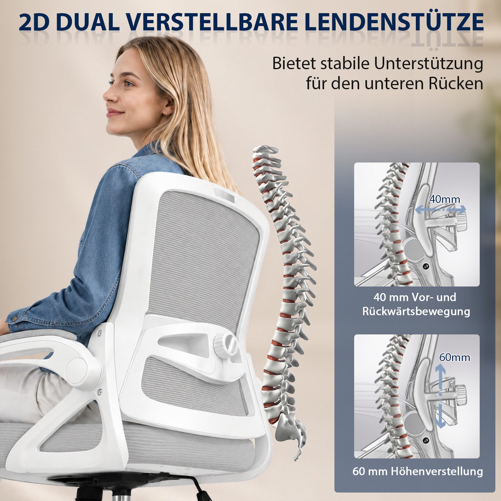 Hoolamyie Bürostuhl Schreibtischstuhl mit klappbaren Armlehnen & 2D-Lendenstütze (Atmungsaktiver Mesh-Rücken mit Lendenstütze, Wippfunktion, gepolsterten Klappa – Bild 3 von 5