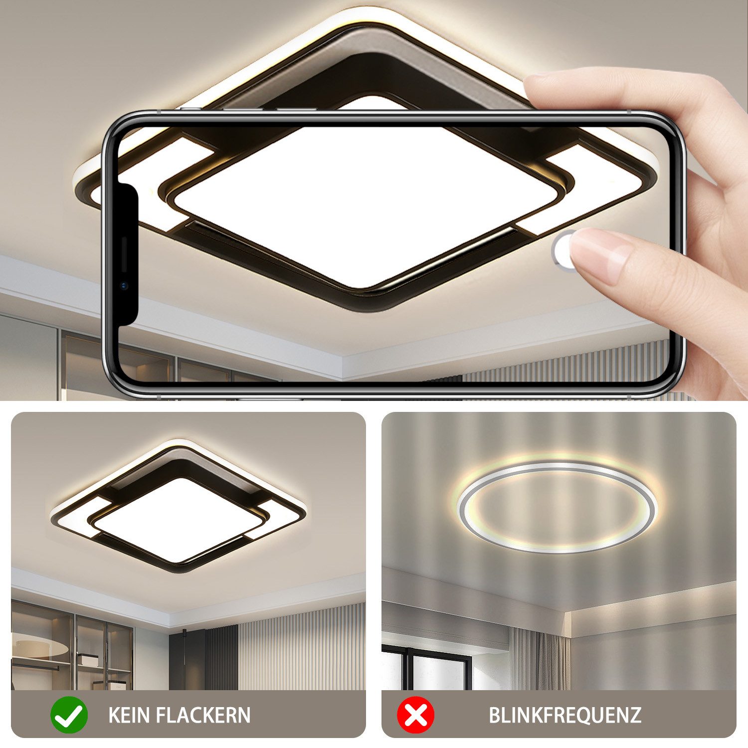 style home LED Deckenleuchte Deckenlampe, dimmbar mit Fernbedienung, 90W, Quadratisch, 42*6cm, LED fest integriert, einstellbar von warmweiß bis kaltweiß, für Wohnzimmer Schlafzimmer Büro Küche
