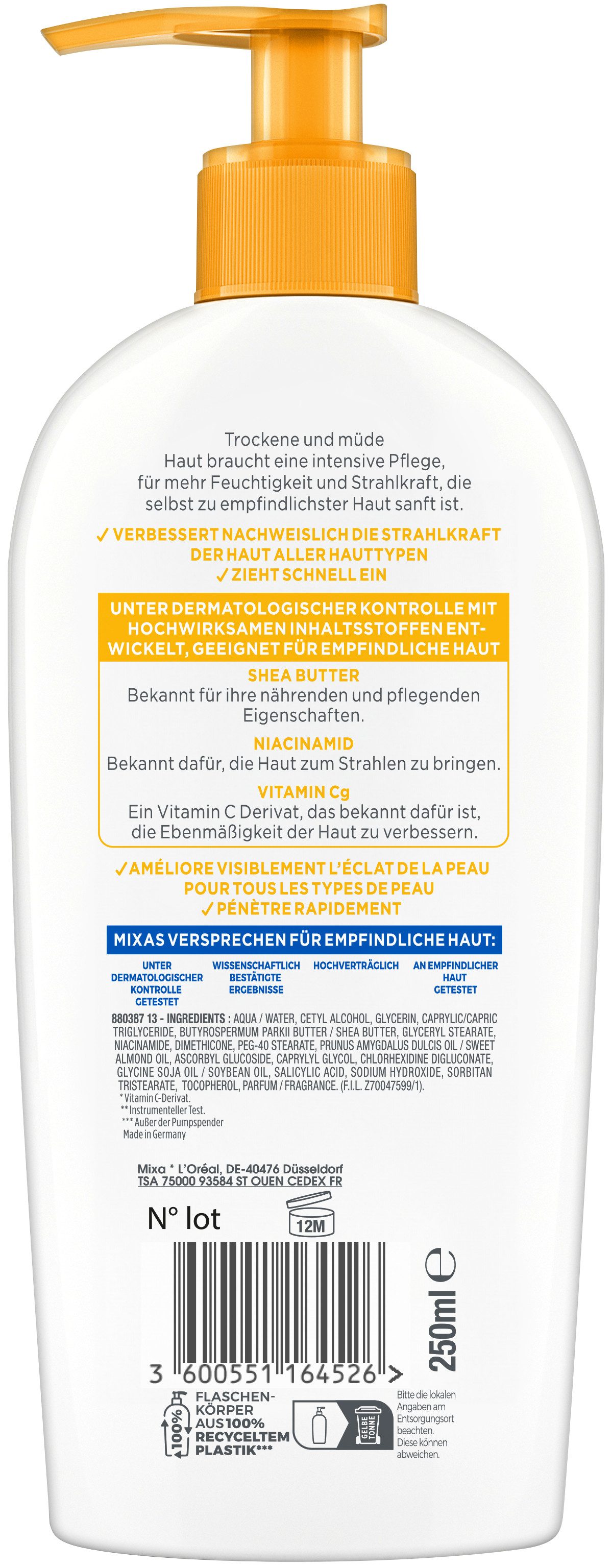 Mixa Körpermilch MIXA NIACINAMIDE BRIGHT BODY LOTION, Pflegt müde und trockene Haut, sorgt für bis zu 48h Feuchtigkeit.
