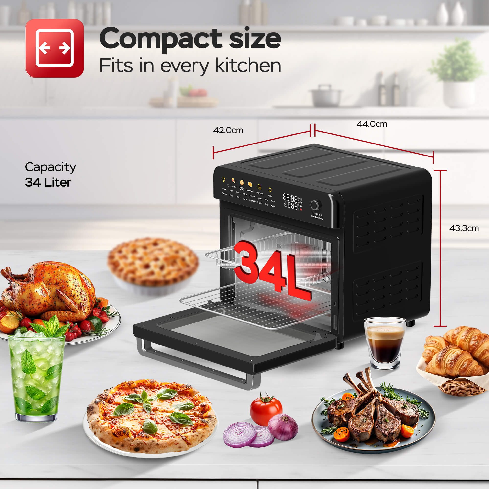 TurboTronic by Z-Line Minibackofen 2100 W 34 l Mini Backofen mit Airfryer Umluft Grill Pizzaofen Dörrer, Tischbackofen, kleiner Backofen, Mini Ofen, Heißluftfritteuse, Toaster