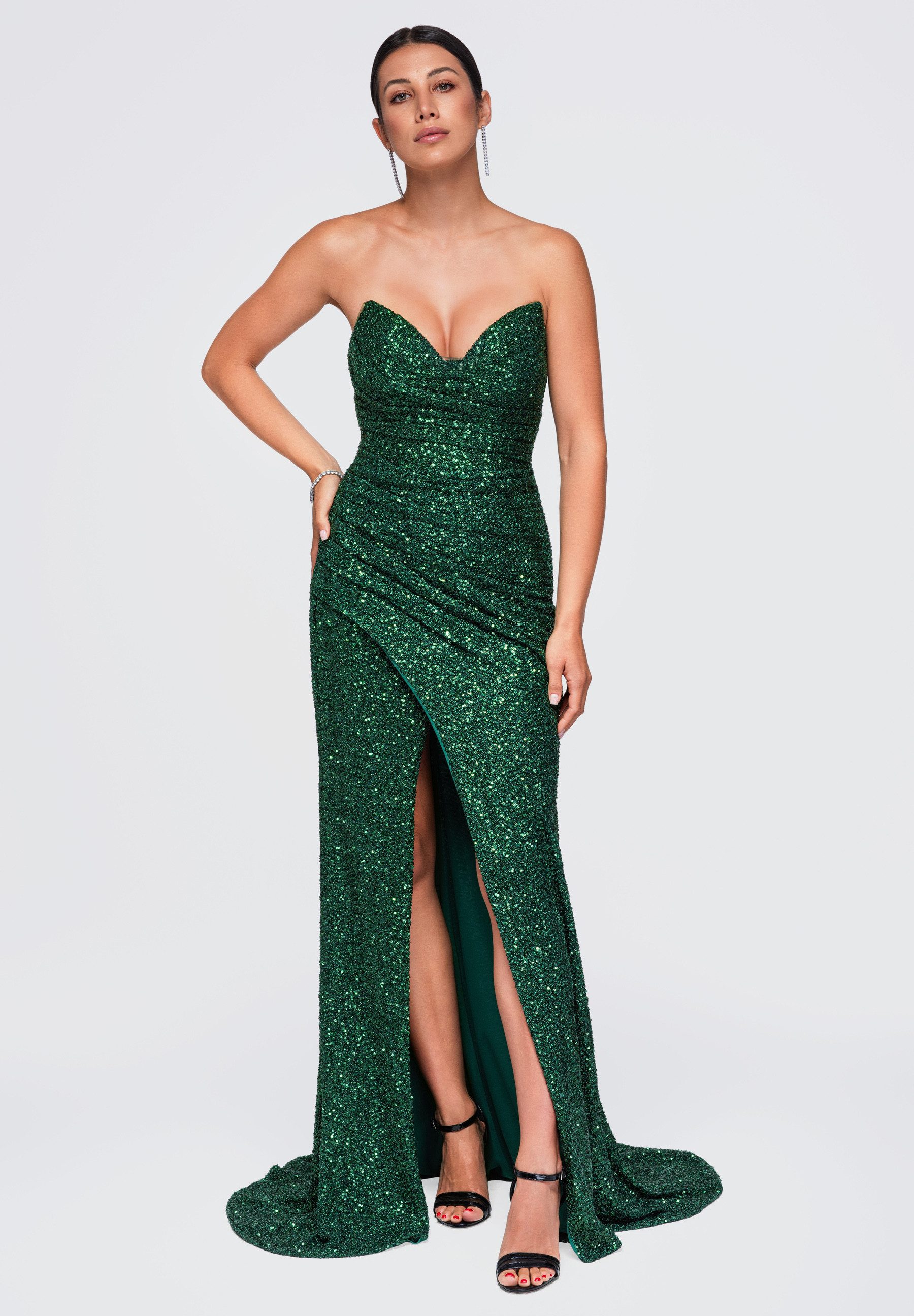 OMBRE Abendkleid Damen Abendkleid mit Herz-Ausschnitt und Pailletten Grün L (kein Set, 1-tlg) in Unifarbe