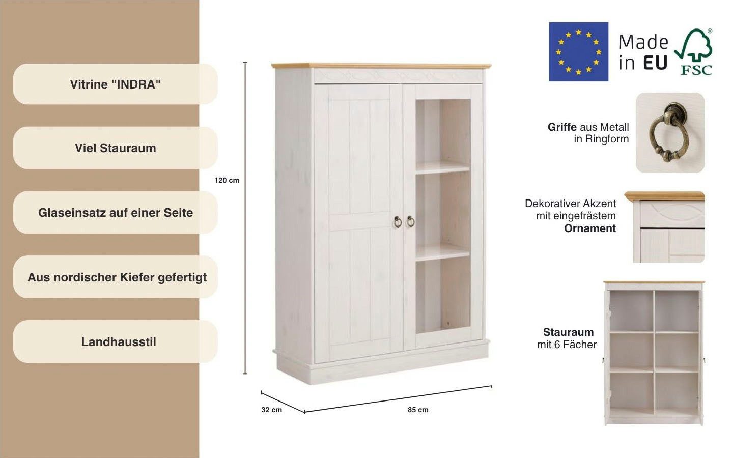OTTO home Highboard Indra, Vitrine, Breite 85 cm, aus massiver Kiefer