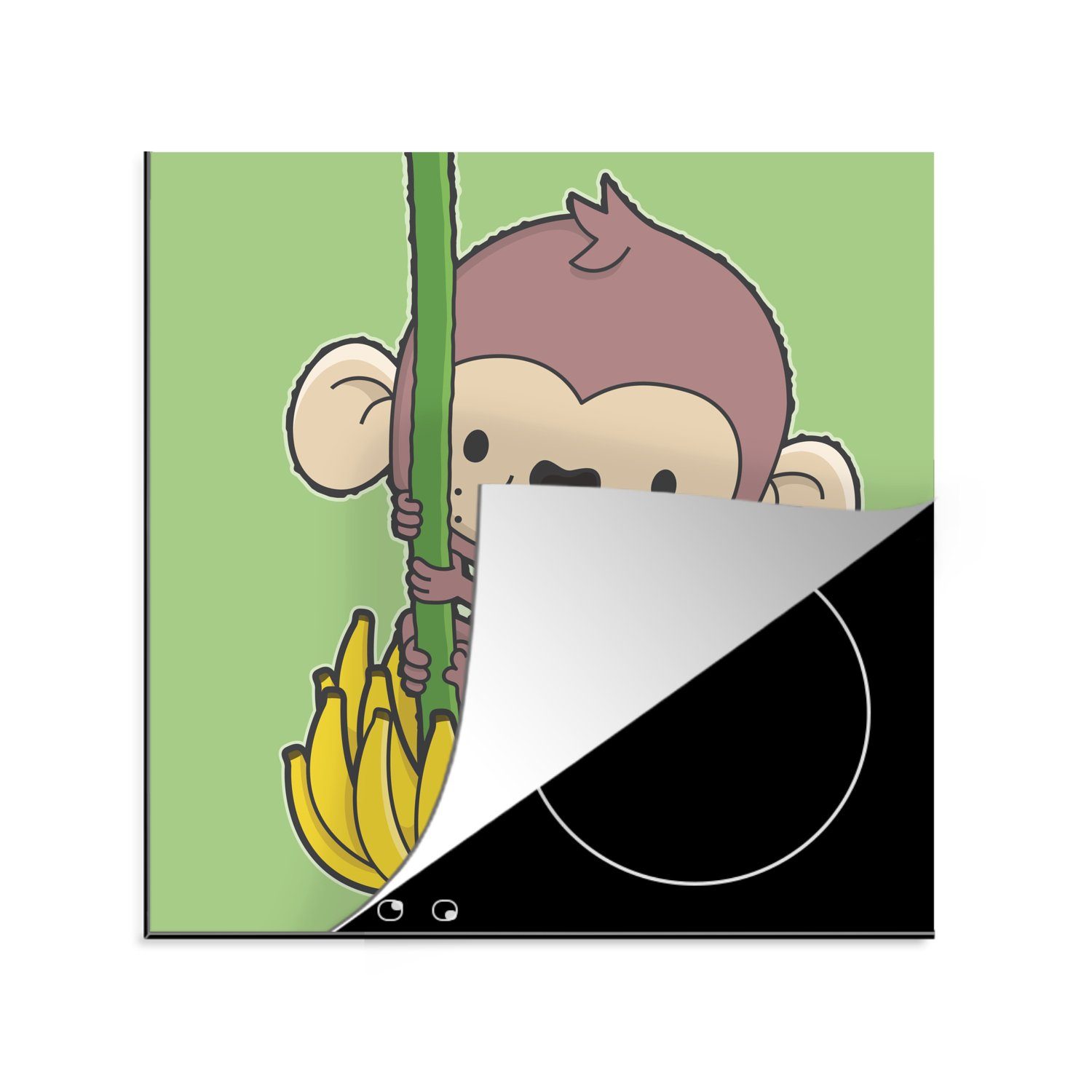 MuchoWow Herdblende-/Abdeckplatte Kindheitsillustration eines Affen, der eine Banane isst, Vinyl, (1 tlg), 78x78 cm, Ceranfeldabdeckung, Arbeitsplatte für küche