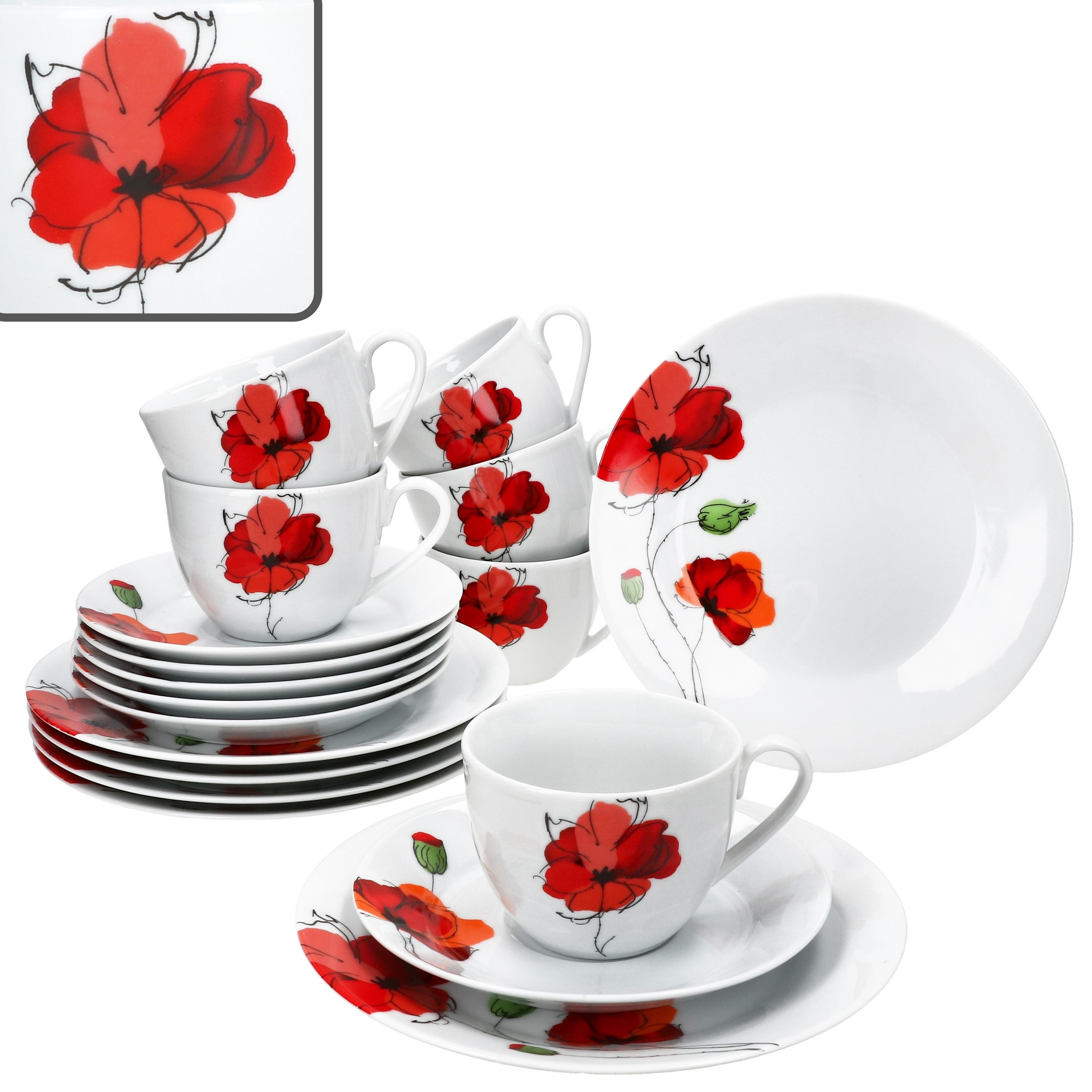 MamboCat Kaffeeservice MamboCat Mona 18tlg Kaffeeservice Mohnblüten Tasse Untertasse Teller, Porzellan