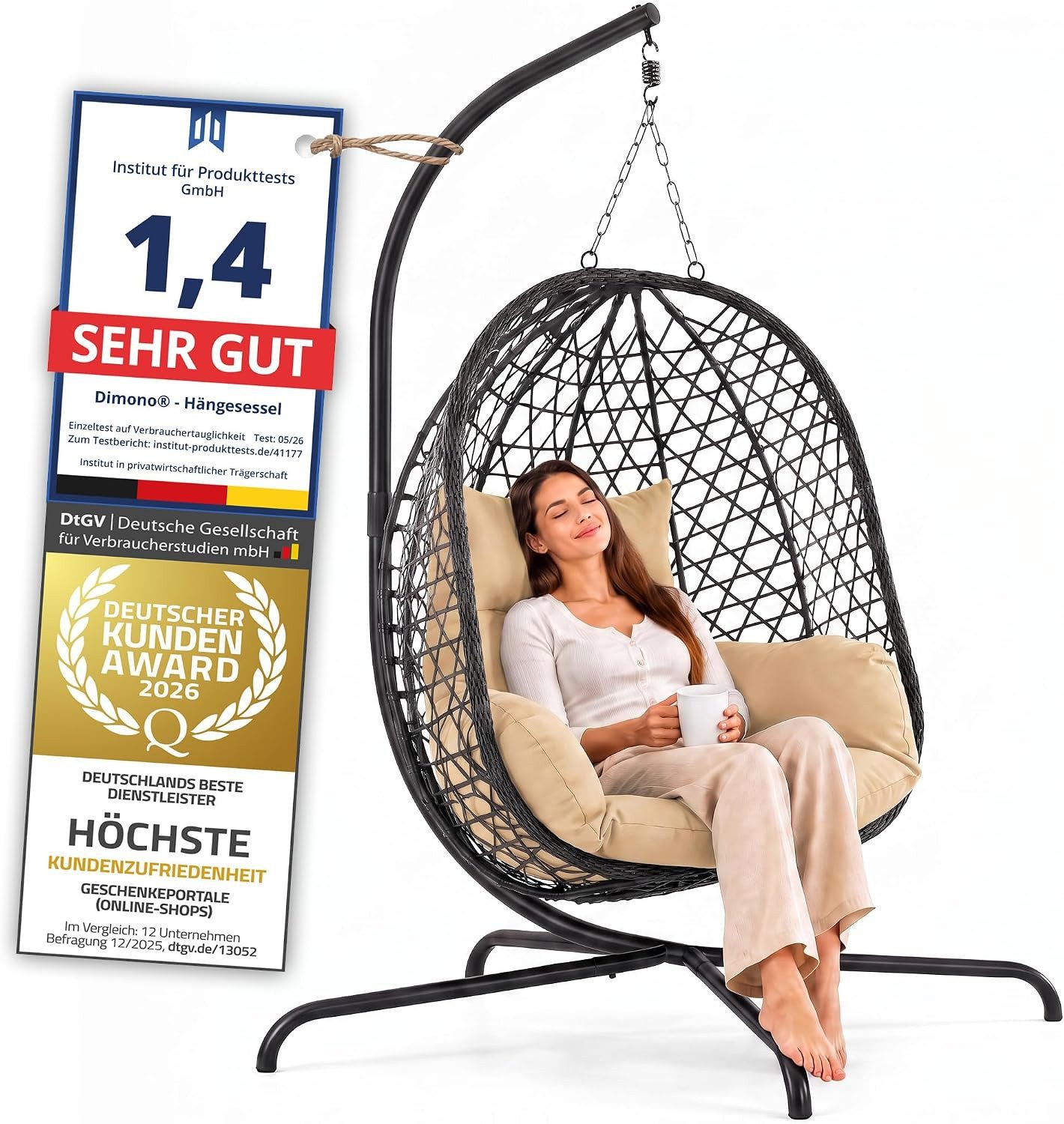 Goods+Gadgets Hängestuhl Polyrattan Hängestuhl mit Gestell und Kissen–Komfort für Innen & Außen (Hängekorb Sessel), Schwebeliege Rattan Outdoor & Indoor Relax Hängeliege