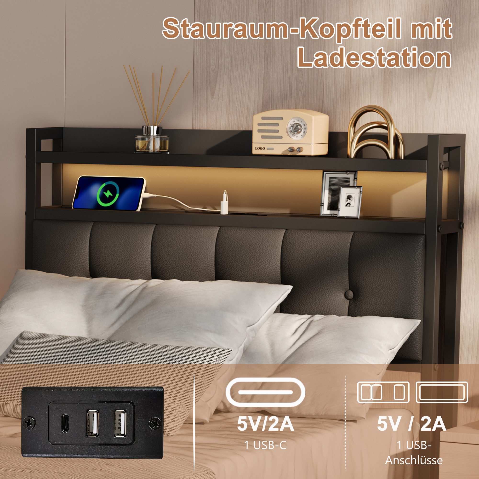 Gdood Polsterbett Stauraumbett Doppelbett LED (1 tlg., Hydraulisch hebbarem Stauraum), Mit LED-Licht, Nachttisch, Ladefunktion, Lattenrost, Leinen, 90x200 cm