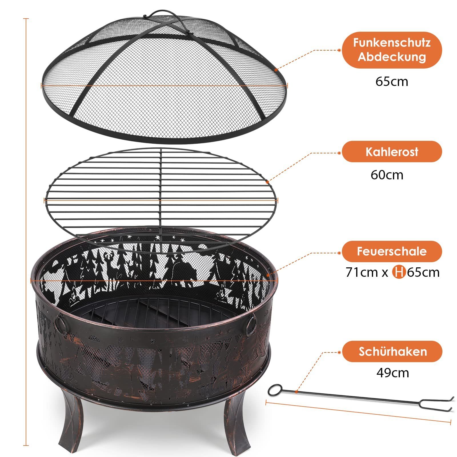 TLGREEN Feuerschale inkl. Poker & Kohlerost, Feuerkorb Retro-Look, (Multifunktional Feuerschale), Feuerschalen für den garten, Ø71x65cm Feuerstelle mit Funkensc – Bild 2 von 5