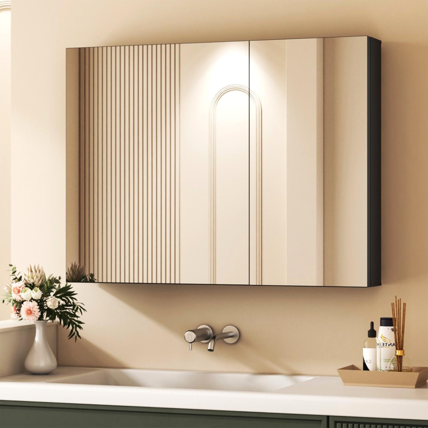 WDWRITTI Spiegelschrank Alu Metall Badezimmerspiegelschrank 2 türig Eckig (Badschrank Hängeschrank Schwarz, 81,3 x 12,5 x 61,1 cm) vormontiert geliefert, Wandbohrungen