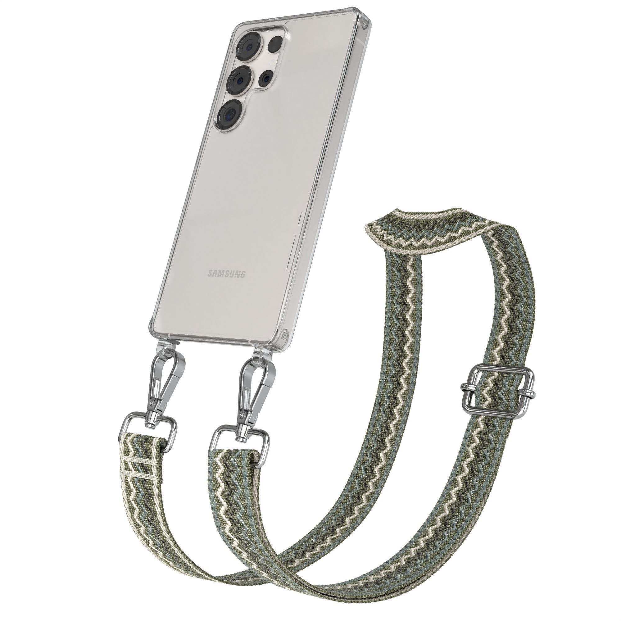 EAZY CASE Handykette Boho Umhängeband für Samsung Galaxy S25 Ultra 6,9 Zoll, Verstellbarer Trageriemen Wave Case transparent DIY Gürteltasche Grün
