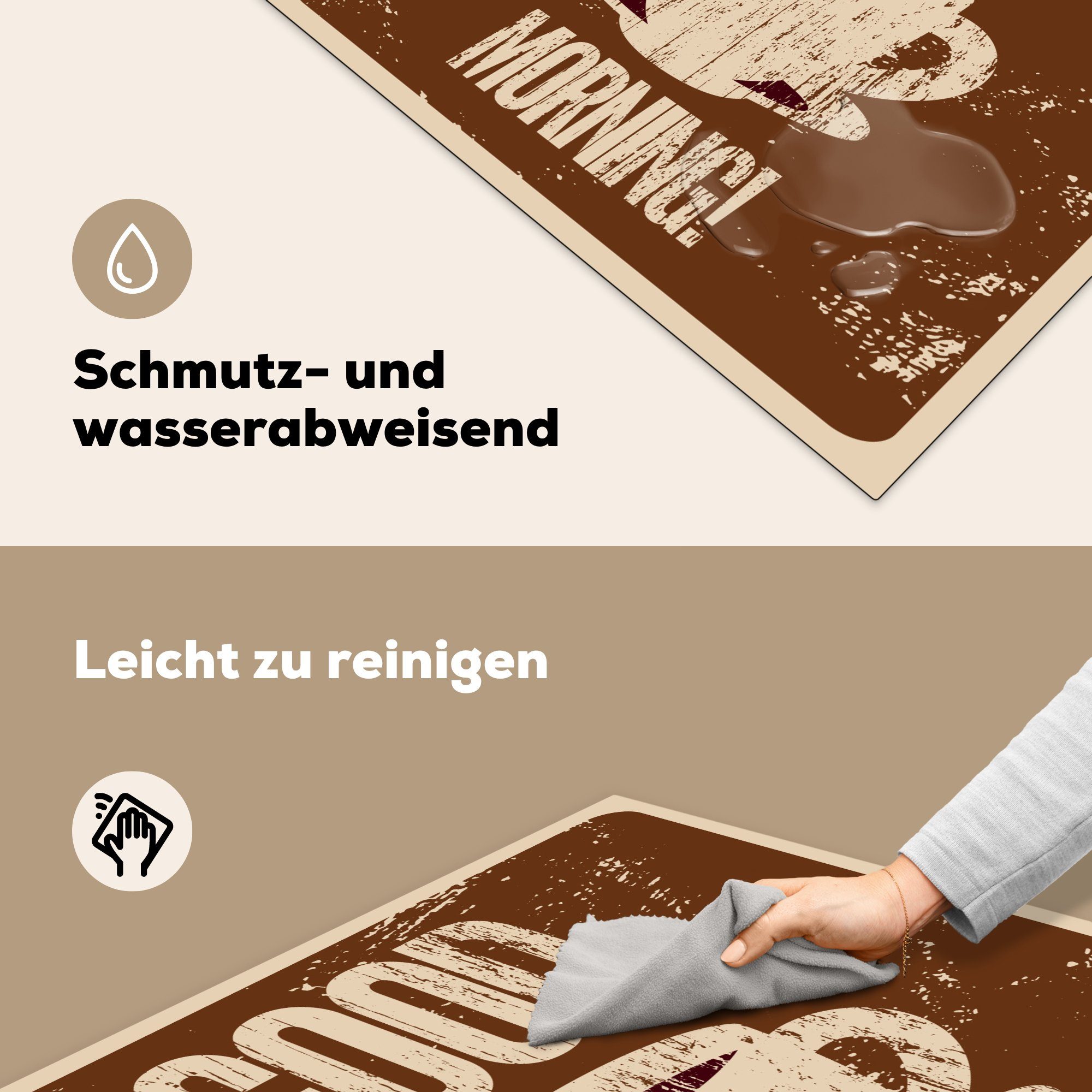 Vinyl, - küche für - MuchoWow Ceranfeldabdeckung, 78x78 Morgen! cm, Arbeitsplatte Zitate, - tlg), - Retro Kaffee Sprichwörter (1 Herdblende-/Abdeckplatte Guten