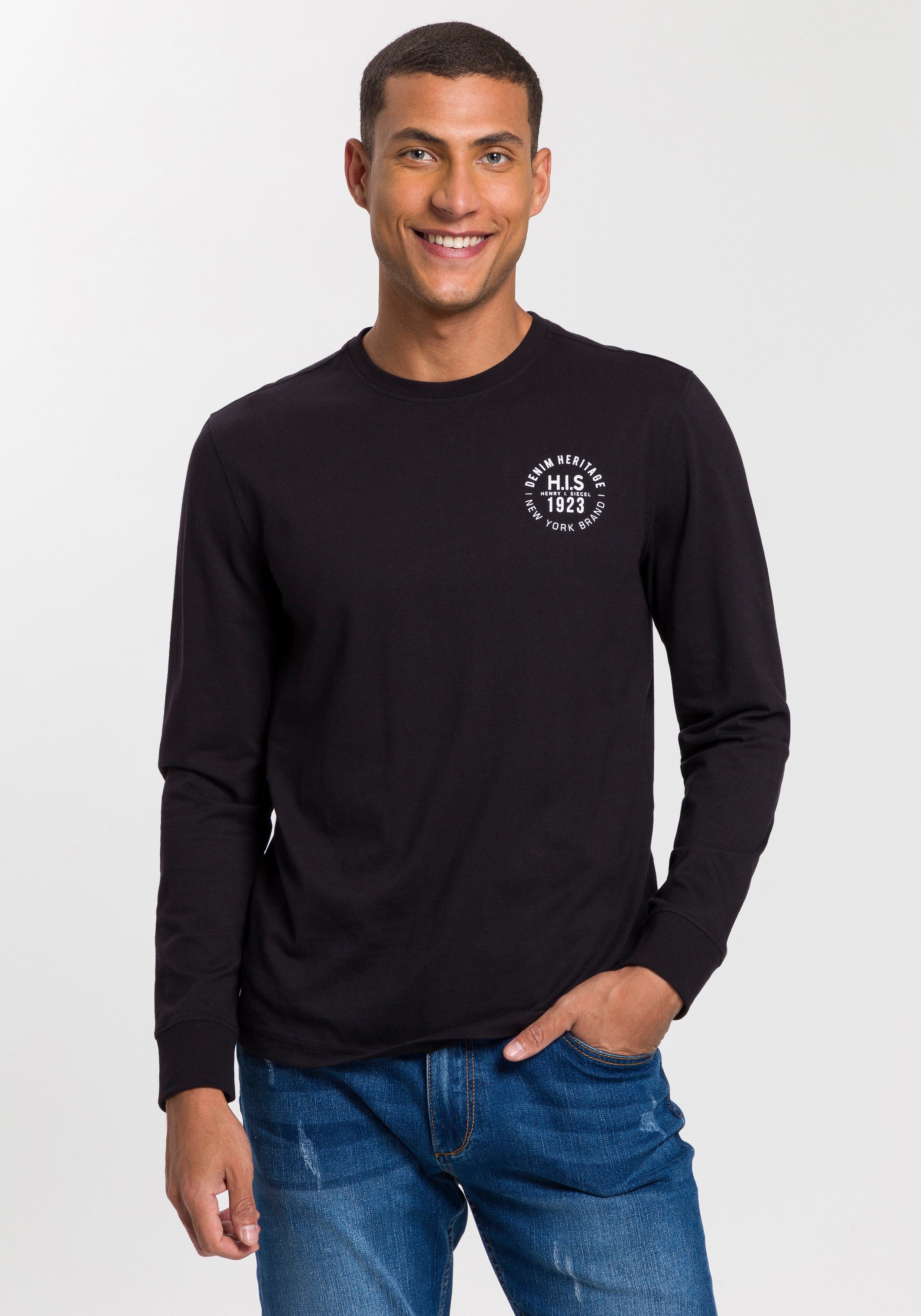 H.I.S Langarmshirt (Packung, 2-tlg., 2er-Pack) Langarm, bedruckt, Rundhalsausschnitt, aus 100% Baumwolle