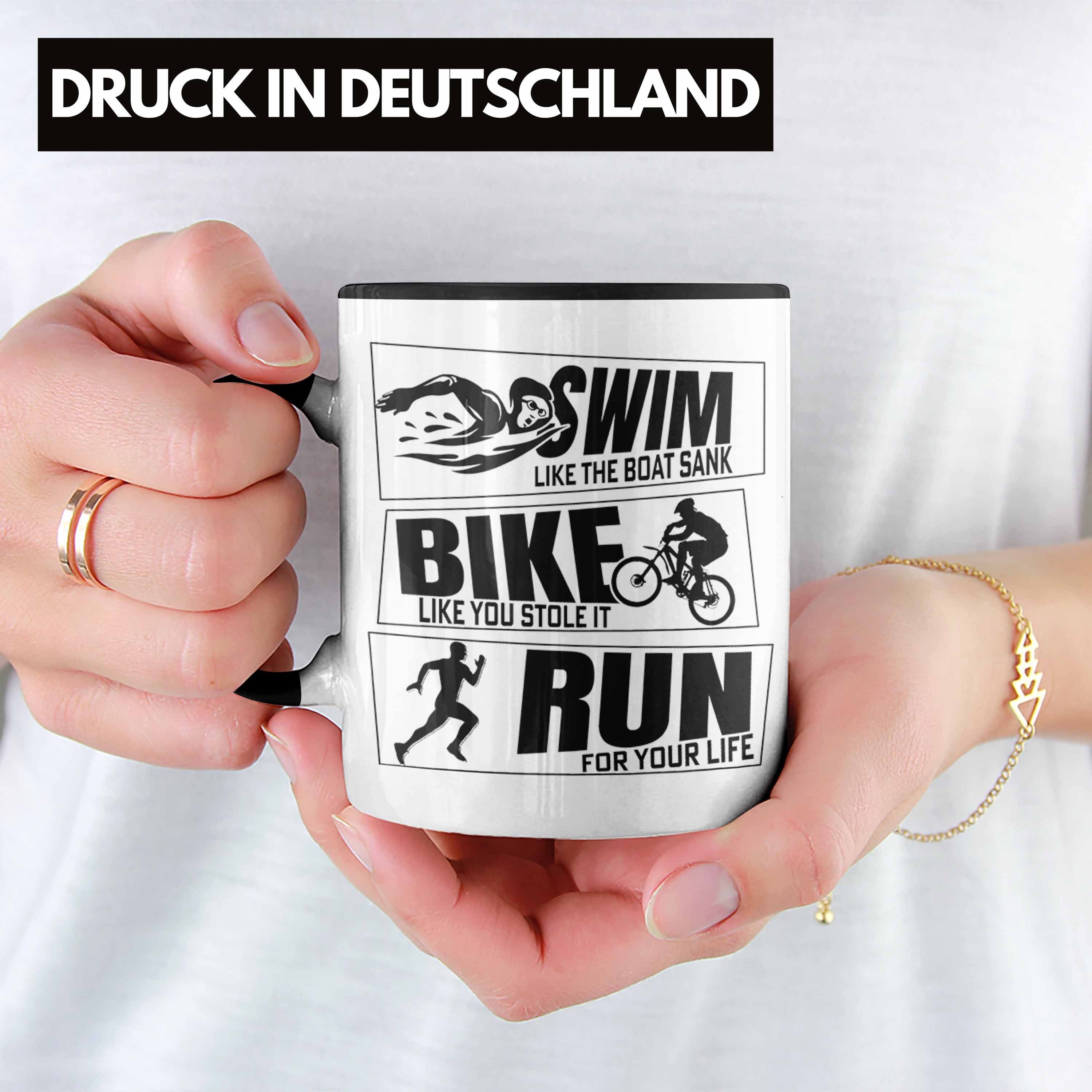 Trendation Tasse Triathlon Tasse Sportl für Schwarz Geschenkidee Bike Run Spruch Swim Geschenk
