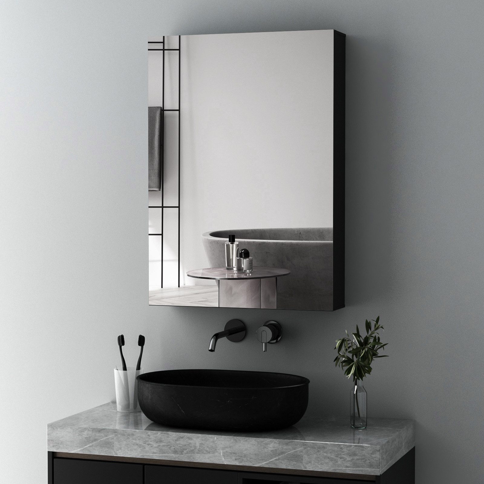 Boromal Badspiegel mit schrank Spiegelschrank Schwarz Eckig Aluminium 80x60 50x70 40x60cm (Badschrank Hängend 2-türig, 1-türig, Doppelseitiger HD Spiegel), Verstellbare Glasböden, Softclose-Scharnieren