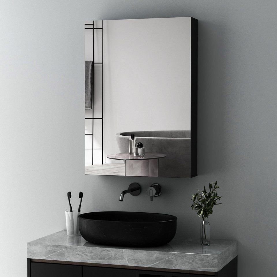 Boromal Badspiegel mit schrank Spiegelschrank Schwarz Eckig Aluminium 80x60 50x70 40x60cm (Badschrank Hängend 2-türig, 1-türig, Doppelseitiger HD Spiegel), Verstellbare Glasböden, Softclose-Scharnieren