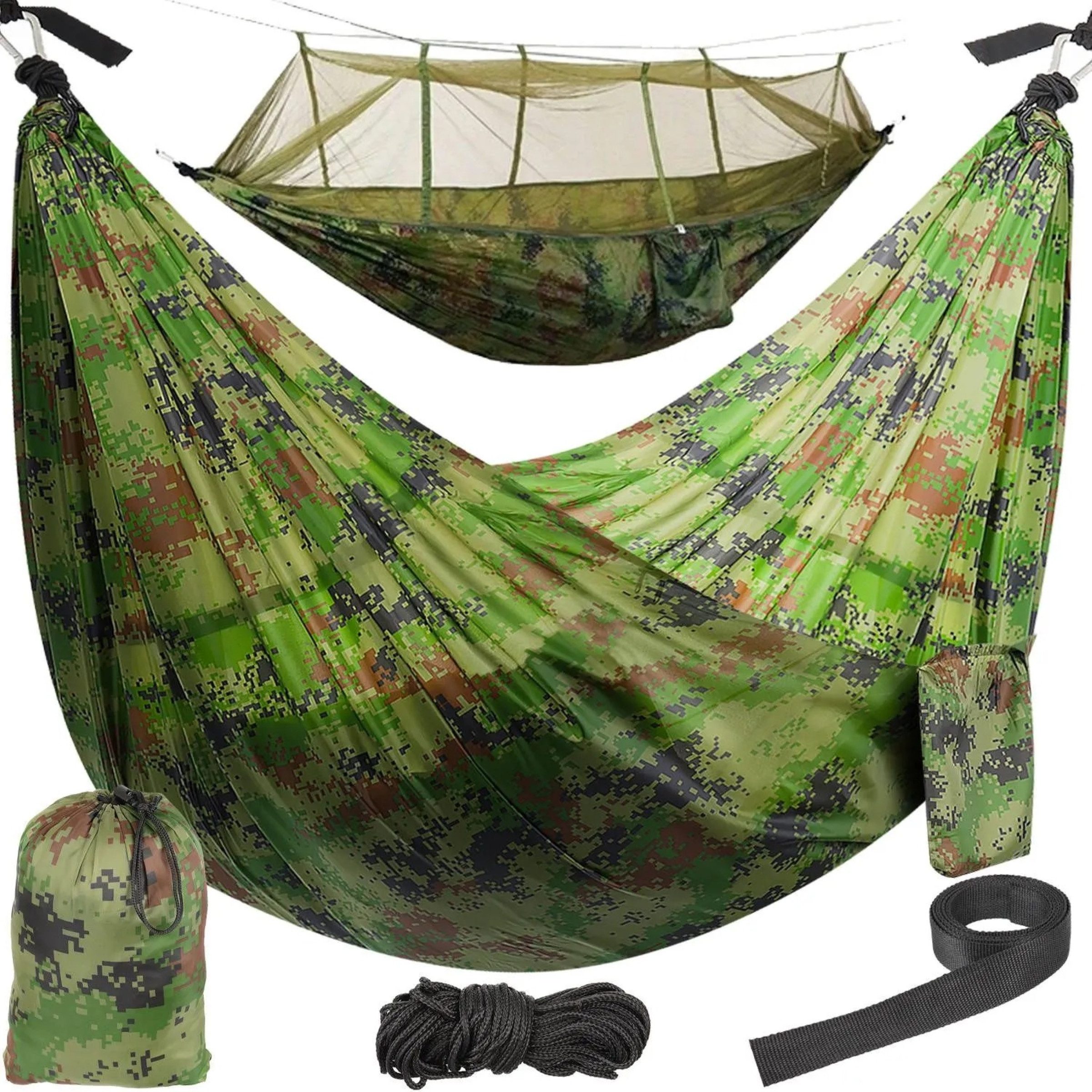 Gardlov Hängematte Hängematte Camping Hängematte mit Moskitonetz 150kg Outdoor Set Grün (Reisehängematte Set 6teilig mit Insektenschutz für Outdoor Camping, Camping Hängematten Set mit Moskitonetz Seilen Karabinern und Tasche), Strapazierfähige Nylon Hängematte bis 150kg mit integrierter Tasche