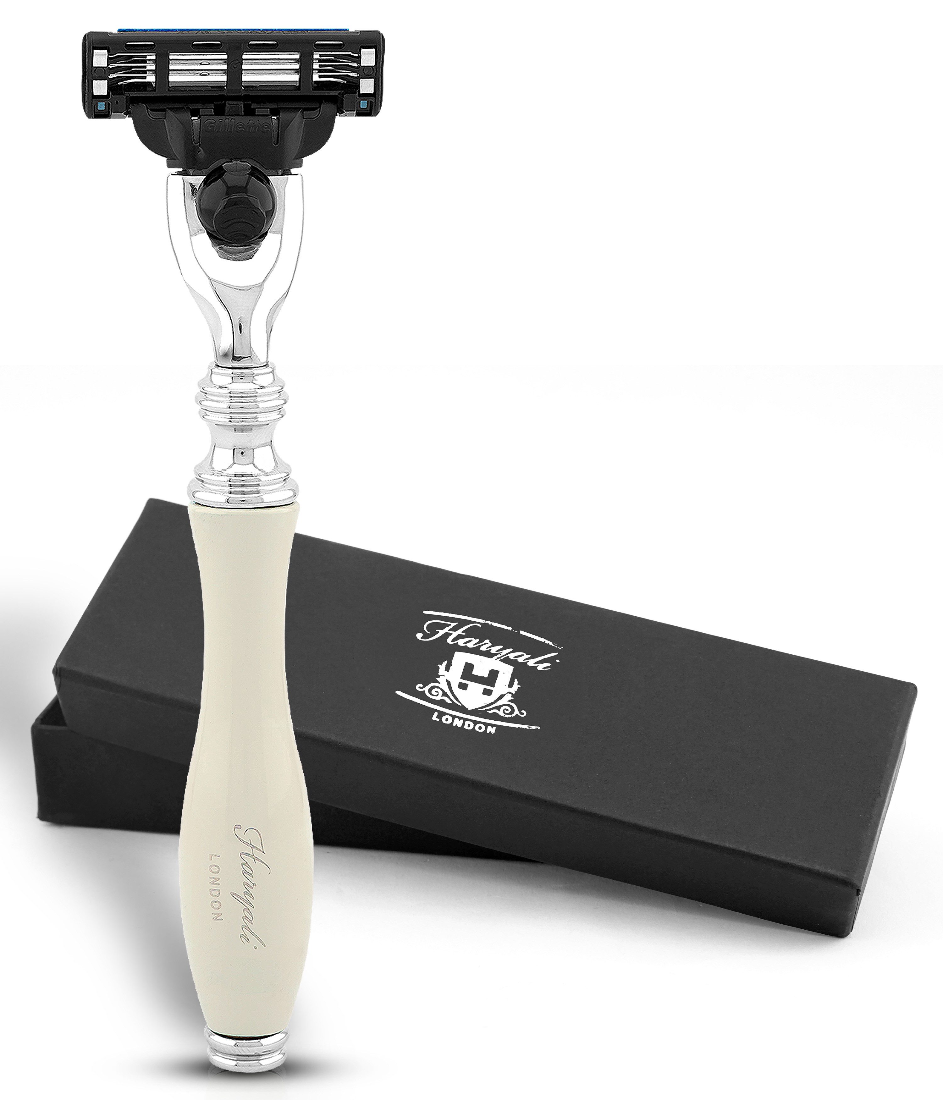 Haryali London Nassrasierer Mach3 Herrenrasierer, Ergonomischer Rasierer,Mehrwegrasierer Elfenbein, Packung, Verstellbarer Systemrasierer mit hochwertiger Messing-Versilberung, Abwaschbarer,rutschfester Griff.Passend für alle Mach 3 Rasierklingen.