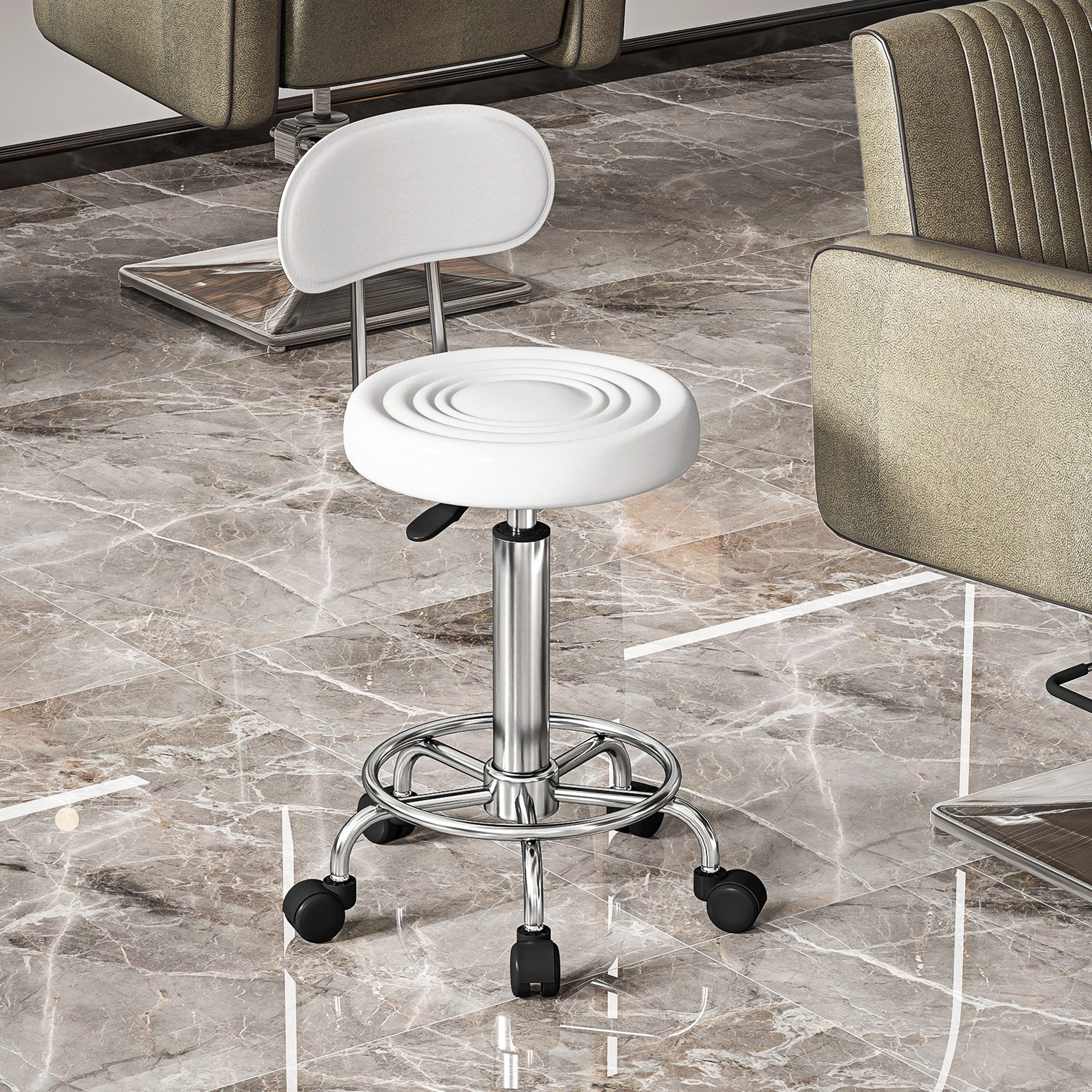 HOMCOM Drehhocker Arbeitshocker mit Fußstütze (Rollhocker, 1 St., Bürohocker), für Büro, Weiß