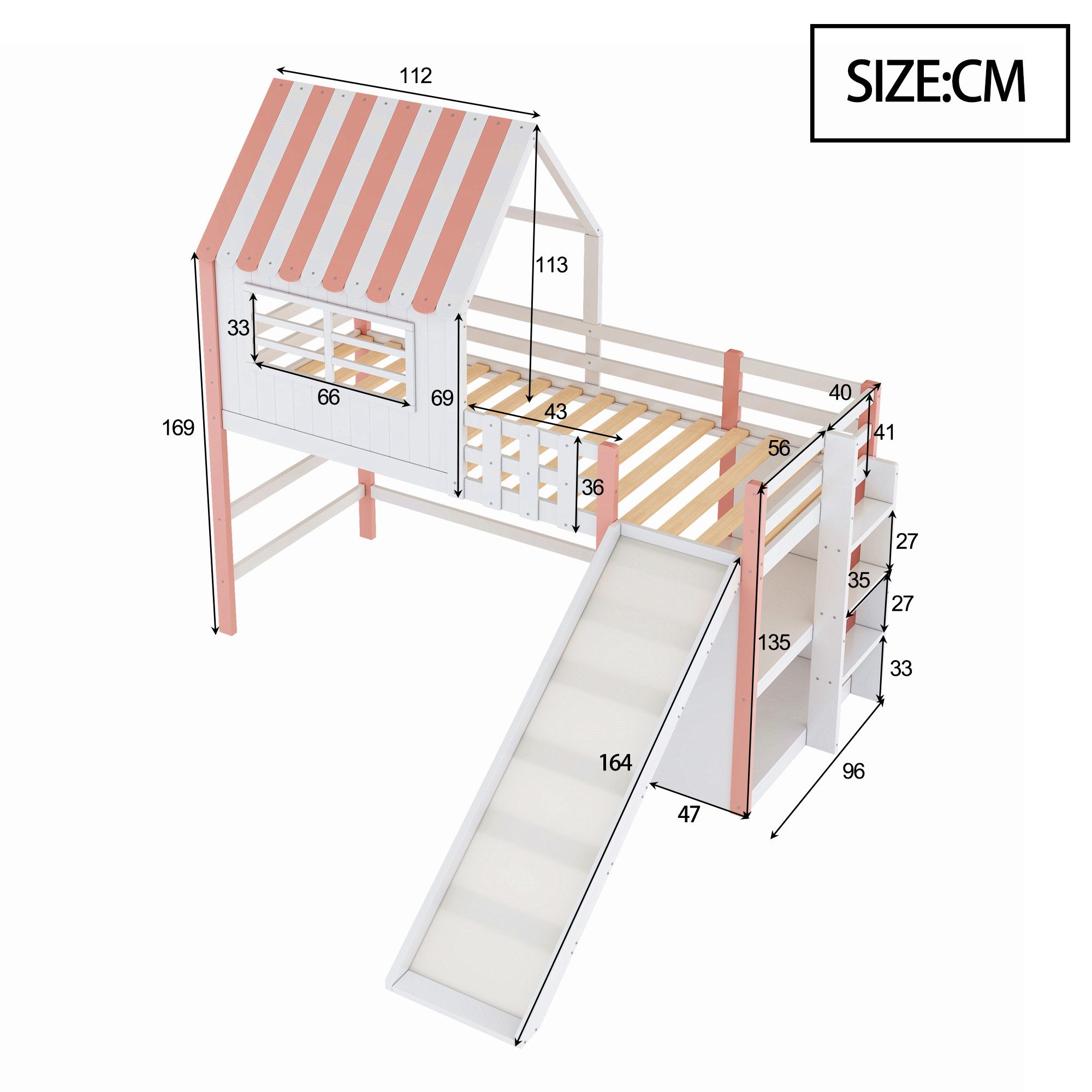 Celya Etagenbett Kinderbett 90 x 200 cm Dachboden-Design (Massivholzbett Einzelbett Hochbett Rosa, Ohne Matratze), mit Sicherheitsleiter und Sicherheitsrutsche
