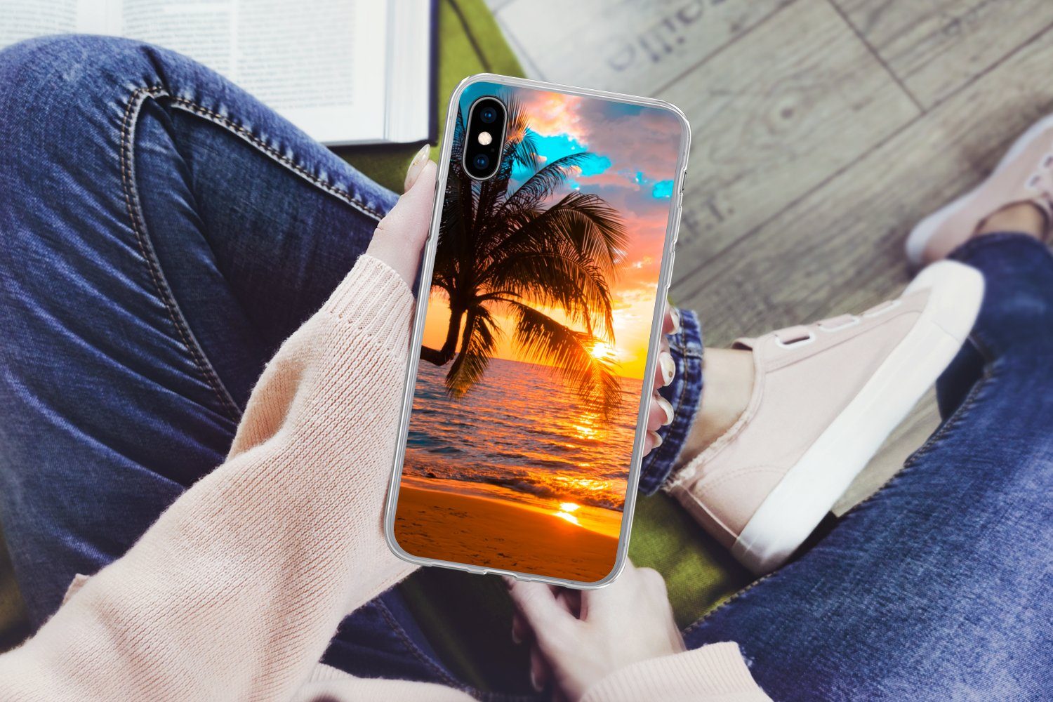 MuchoWow Handyhülle für Apple iPhone XS Palme - Sonnenuntergang - Horizont - Strand - Meer, Smartphone-Bumper, Print, Handy Schutzhülle Dünn