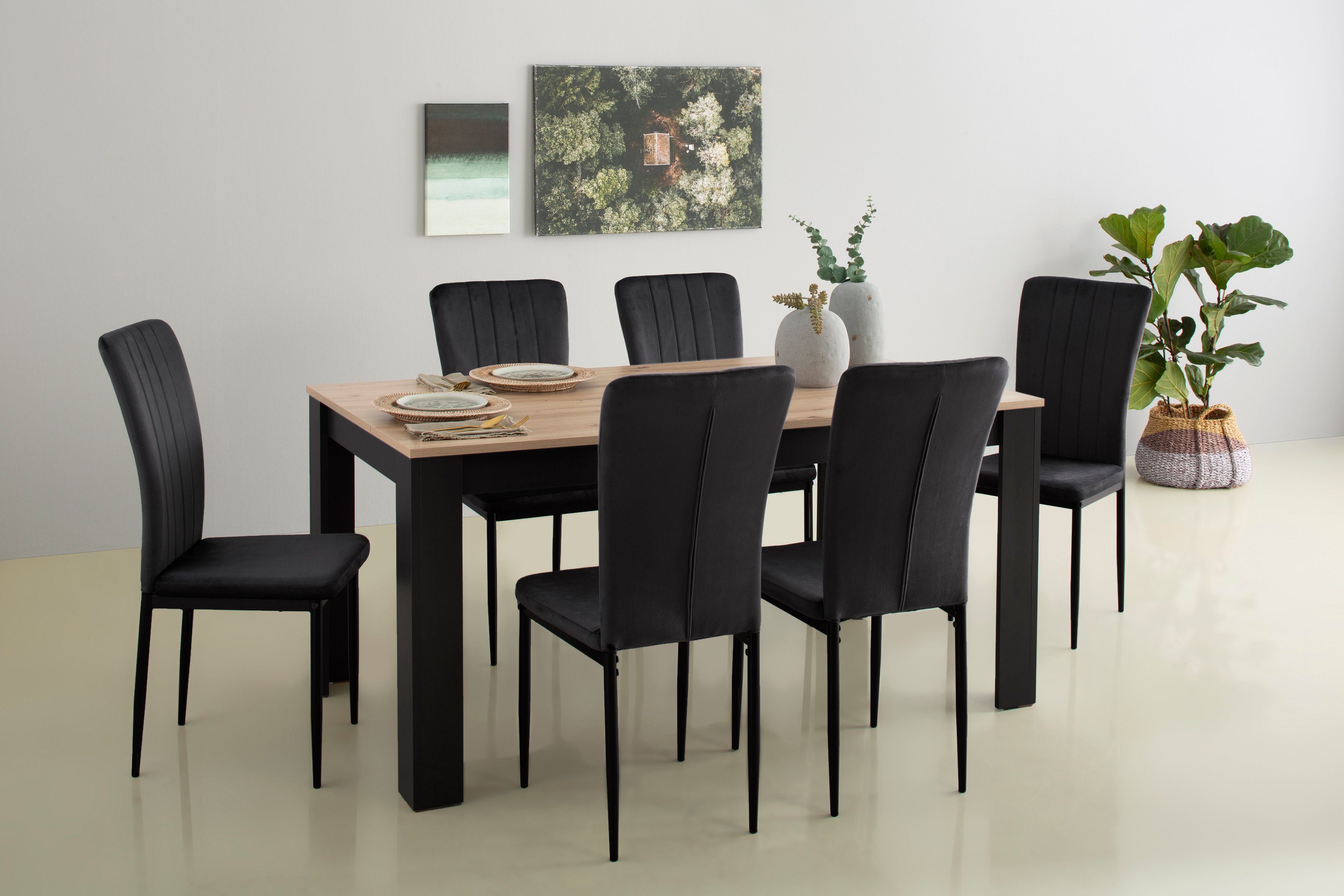 Home affaire Essgruppe Bergamo, (Set, 7-tlg), 7-teilige Tischgruppe mit modernem Esszimmerstuhl und Esstisch schwarz | schwarz