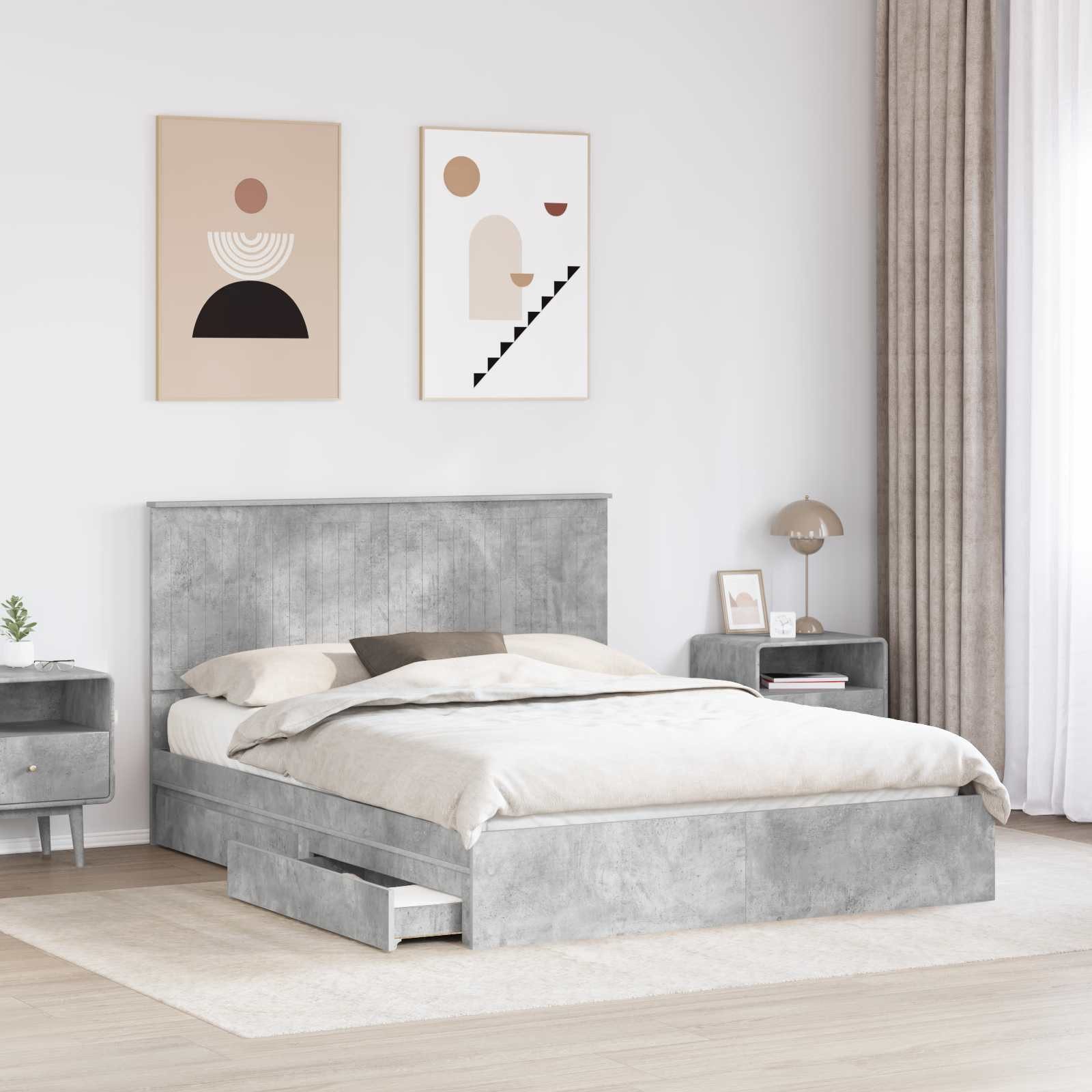 furnicato Stauraumbett Aufbewahrungsbett 150 x 200 cm Beton Grau (1-tlg), Integrierte Schubladen am Bettrahmen mit praktischem Stauraum