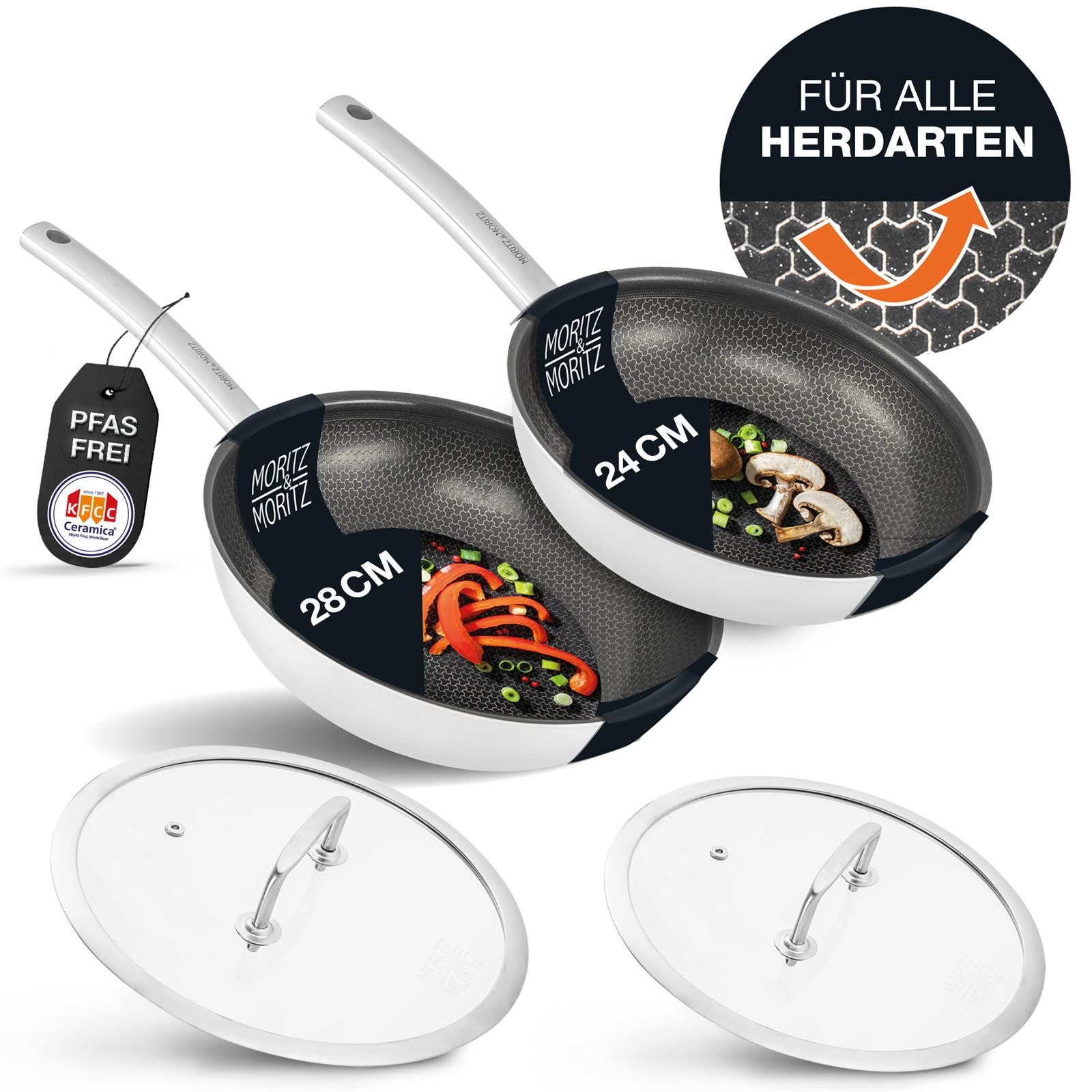 Moritz & Moritz Pfannen-Set Pfanne mit Deckel 24cm & 28cm runder Rand