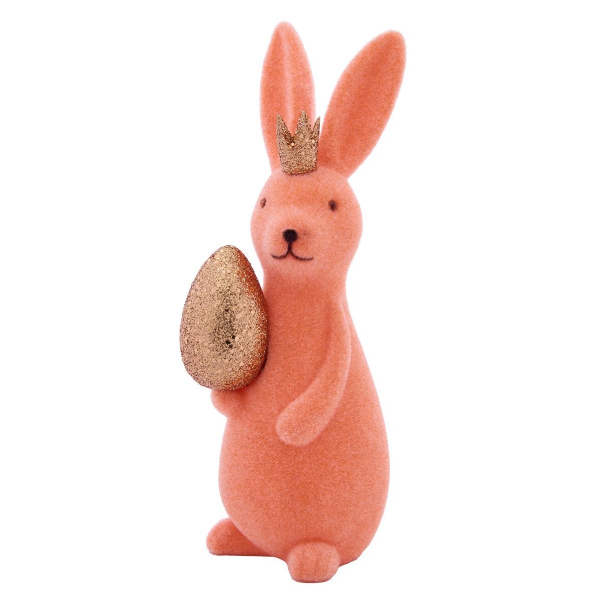 Macosa Home Osterhase mit Ei beflockt Orange 21 cm Kunststoff Dekohase Hase (Tischdekoration, Kunststoffhase mit Osterei bunt), Skulptur Ostern Osterdekoration modern 21 cm