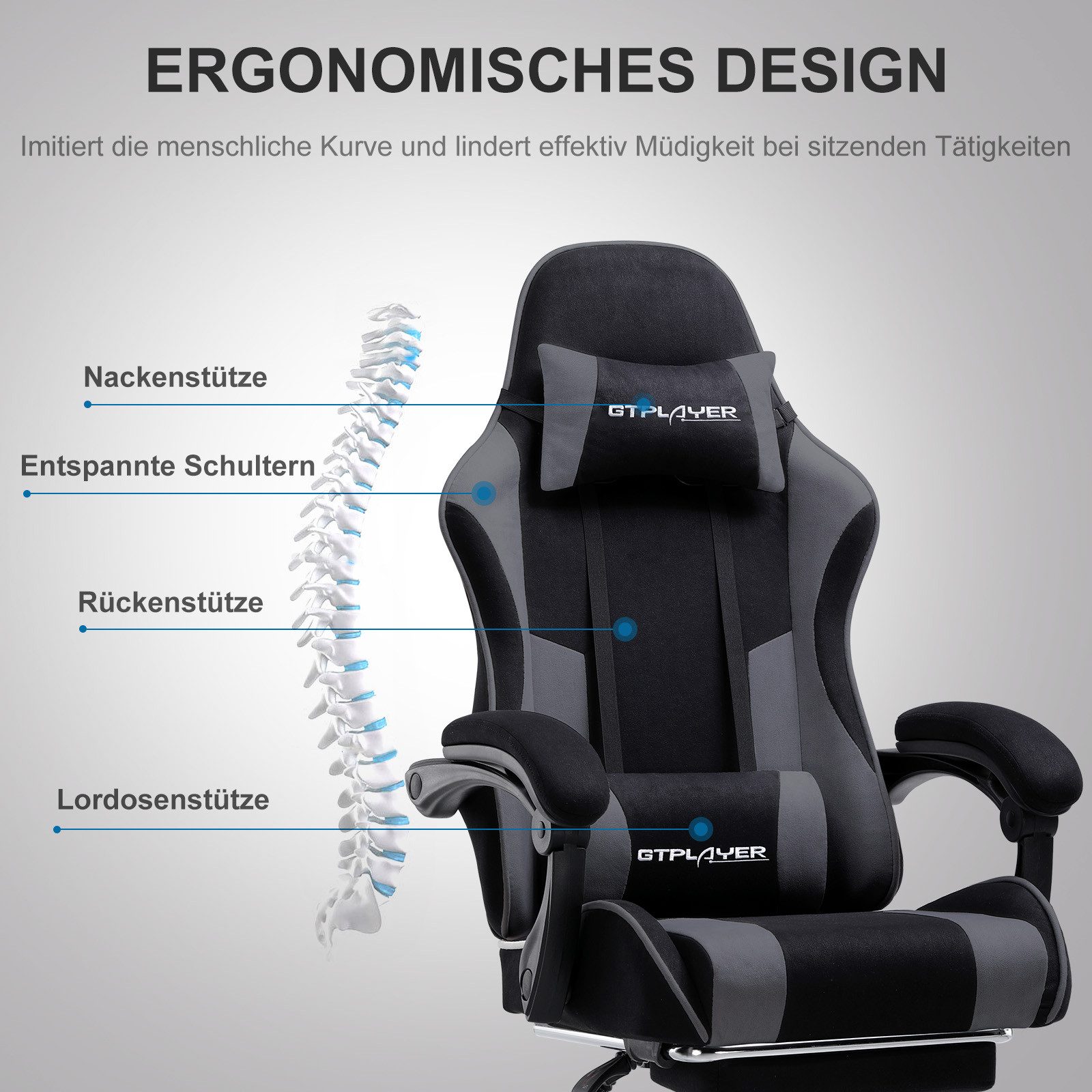 GTPLAYER Gaming-Stuhl Bürostuhl mit Massagefunktion, Fußstütze, Kopfstütze (Packung), Ergonomischer Gamer Stuhl Maximale Belastung 150 kg, 360° drehbar – Bild 2 von 5