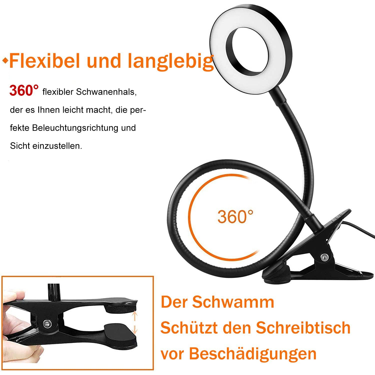 40cm/70cm ° LED in Farbtemperatur,Clip-on-Lampe,Leselampe 360 Helligkeitseinstellungen, Klemmleuchten Klemme, Klemmleuchten,10 USB, Schreibtischlampe,3 MUPOO Lampenhöhe,Speicherfunktion,USB-Plug