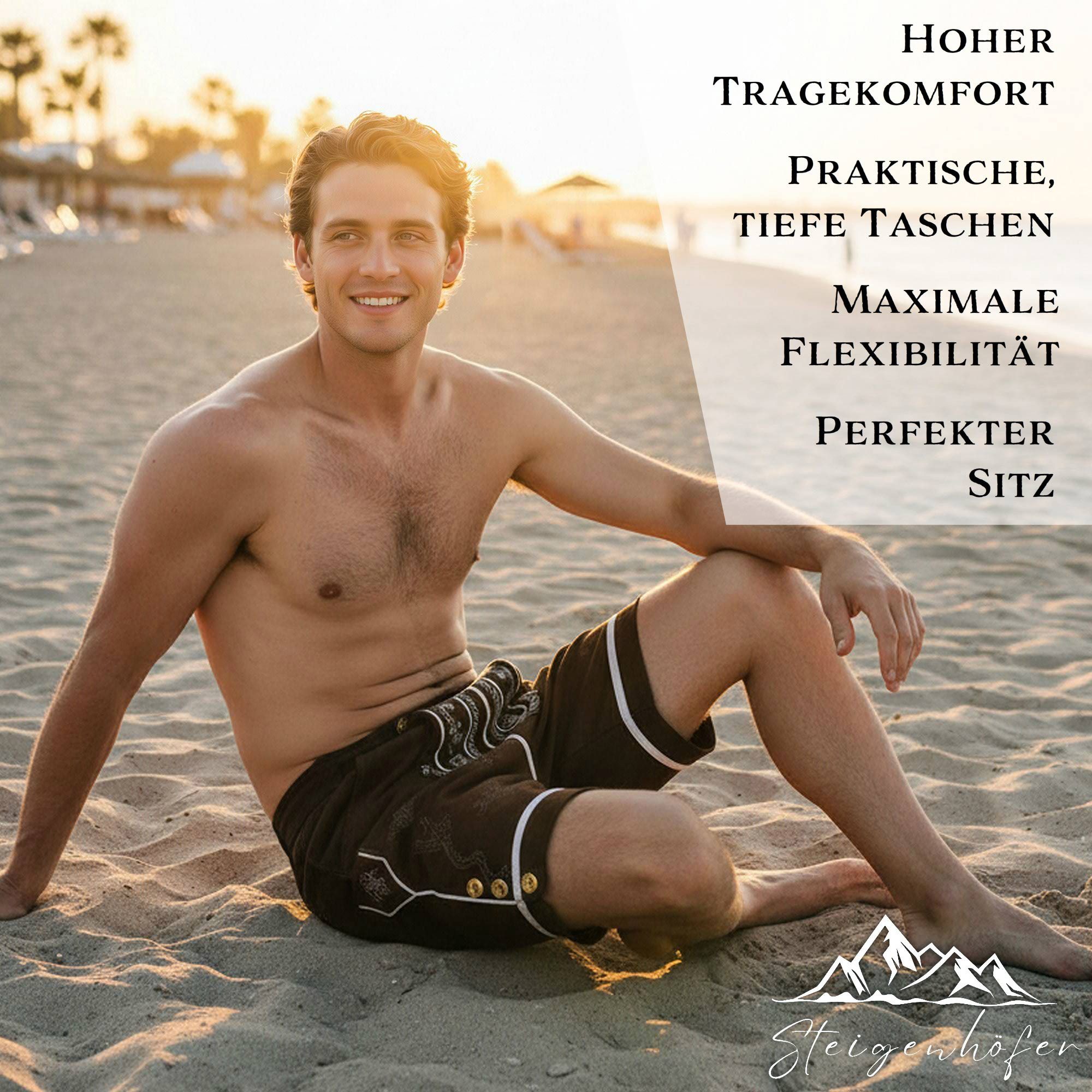 Steigenhöfer Manufaktur Trachtenhose Badehose Herren - Xaver - Lederhosen Look - Trachten Badehose Bequem mit Netzinnenhose - Umklappbarer Latz - Badeshorts mit – Bild 5 von 5