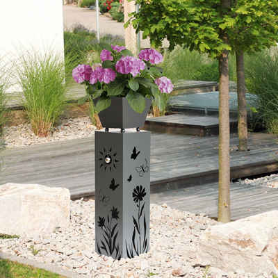 etc-shop Blumenständer, Pflanzensäule mit Blumentopf Terrassendeko Blumenmotiv grau H 82 cm