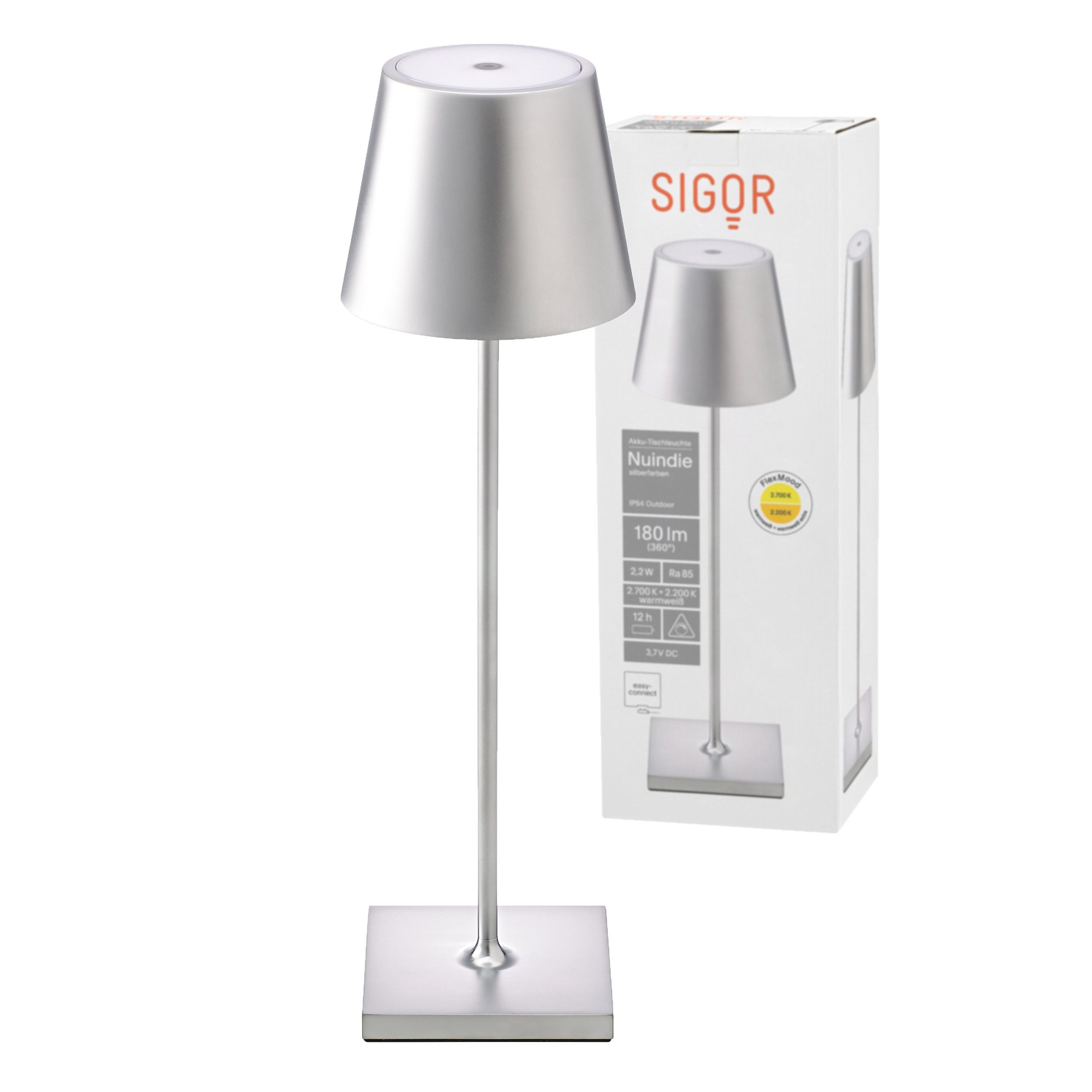SIGOR LED Tischleuchte Stilvolle Akku-Tischlampe Nuindie Eloxiert, LED fest integriert, Warmweiß, Extra-Warmweiß, kabellose Tischleuchte, 38x10x10 cm