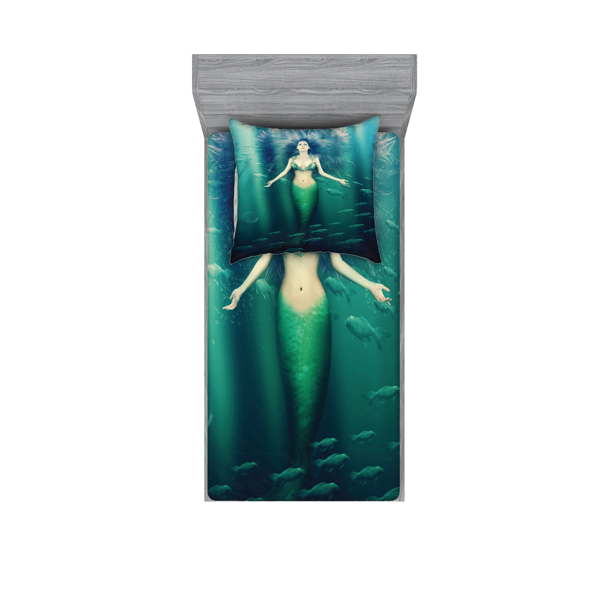 Bettwäsche bedrucktes 2-teiliges Bettwäscheset, Abakuhaus, Microfaser, Meerjungfrau Unterwasserleben