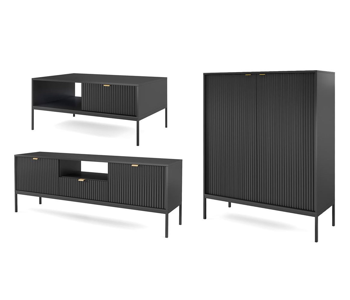 Feldmann-Wohnen Wohnwand Nova, (1 Lowboard, 1 Highboard, 1 Couchtisch, 1-St., Riffel-Optik Front, goldfarbene Metallgriffe, ABS-Kanten), 3-teilig Schwarz