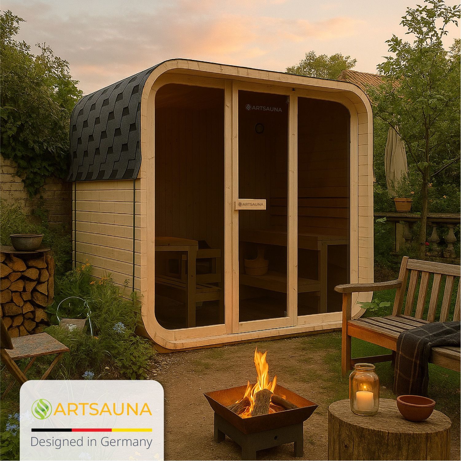 Artsauna Fasssauna Fjora, 38 mm, Fichte, 9 kW Ofen bis 100 °C, Glasfront, bis 6 Personen, Zubehör-Set