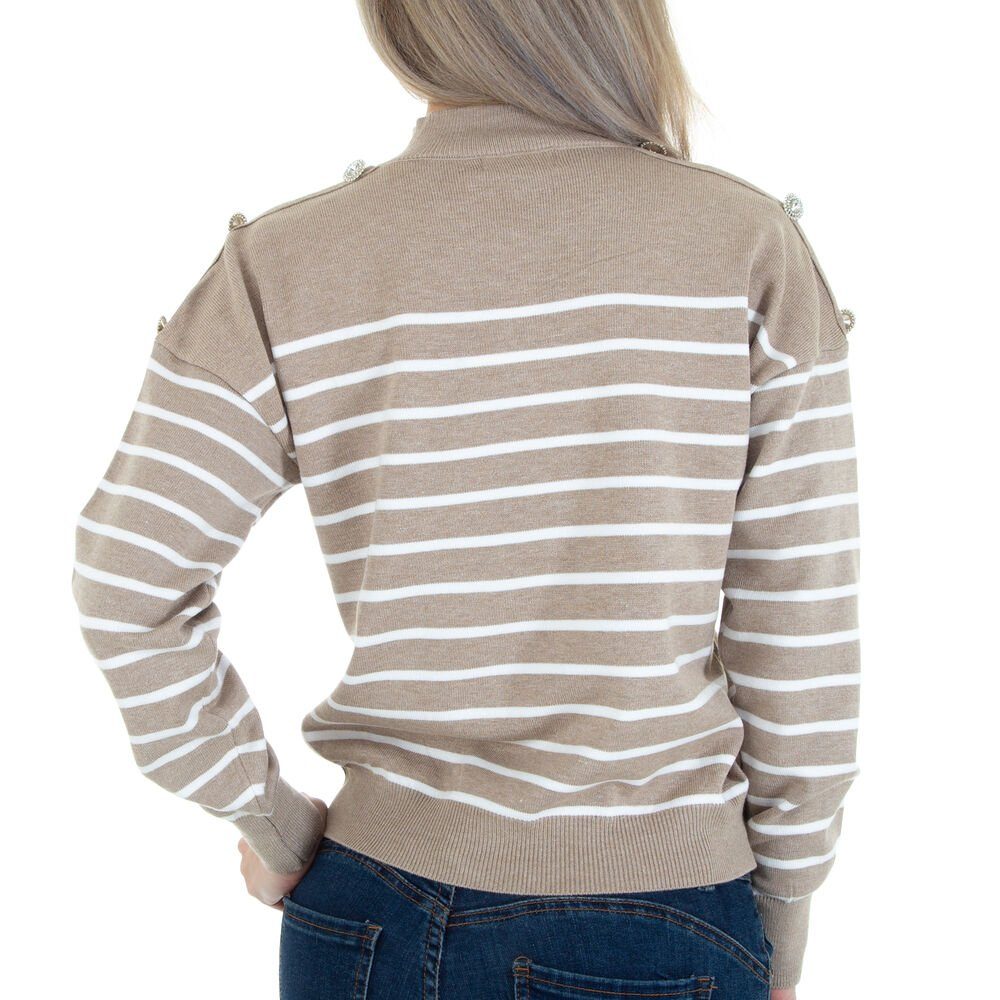 Freizeit Ital-Design Stretch Zierknöpfe Beige Strickpullover in Damen Strickpullover