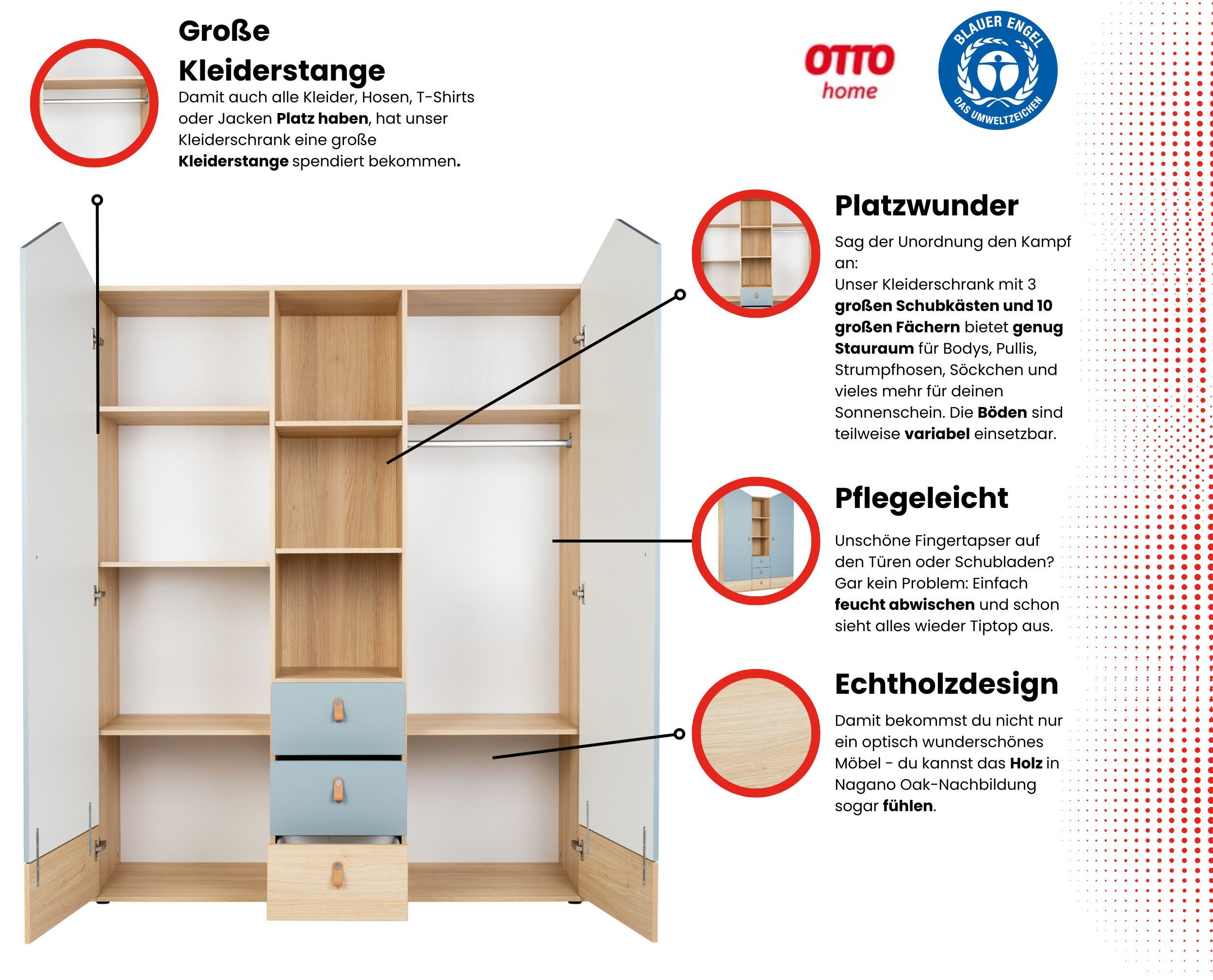 OTTO home Kleiderschrank Hennix skandinavisches Spitzdach-Design mit Soft-Close, viel Stauraum (H/B/T ca. 200/150/51cm) 3 Schubladen, Made in Germany, variable Einlegeböden