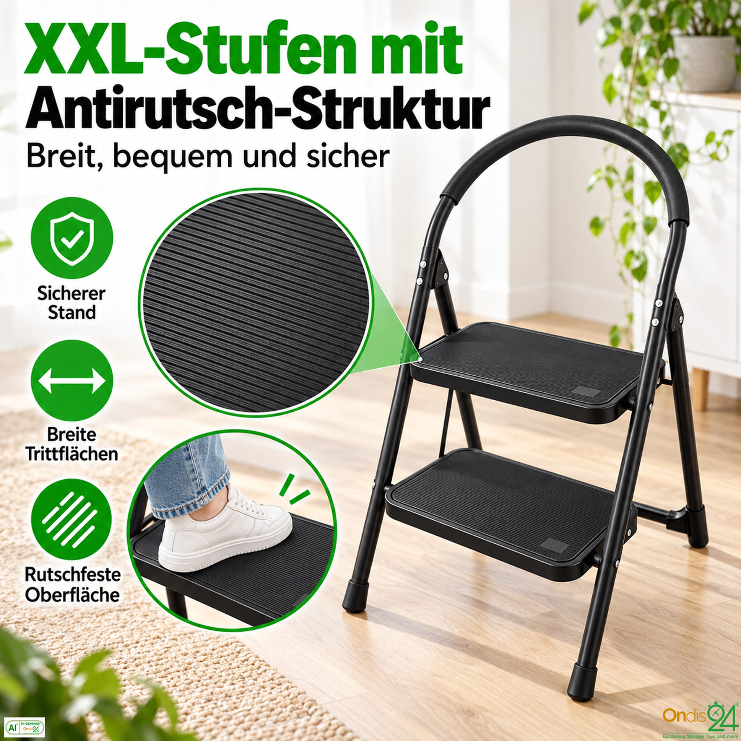 ONDIS24 Trittleiter Klapptritt Hugo XXL Stufen klappbare Leiter bis zu 150kg, pulverbeschichteter Stahl extra langer Softgriff – Bild 3 von 5