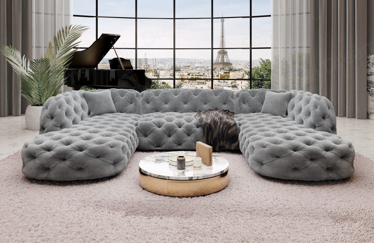 Designer Stoffsofa, Couch Sofa Lounge Samtstoff Wohnlandschaft im Couch U Sofa Look Lanzarote Chesterfield Dreams hellgrau84