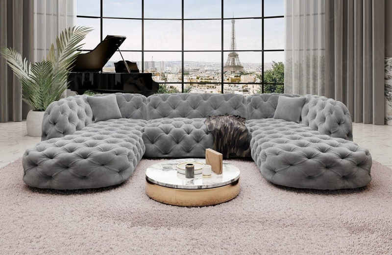 Sofa Dreams Wohnlandschaft Samtstoff Sofa Designer Couch Lanzarote U Lounge Stoffsofa, Couch im Chesterfield Look