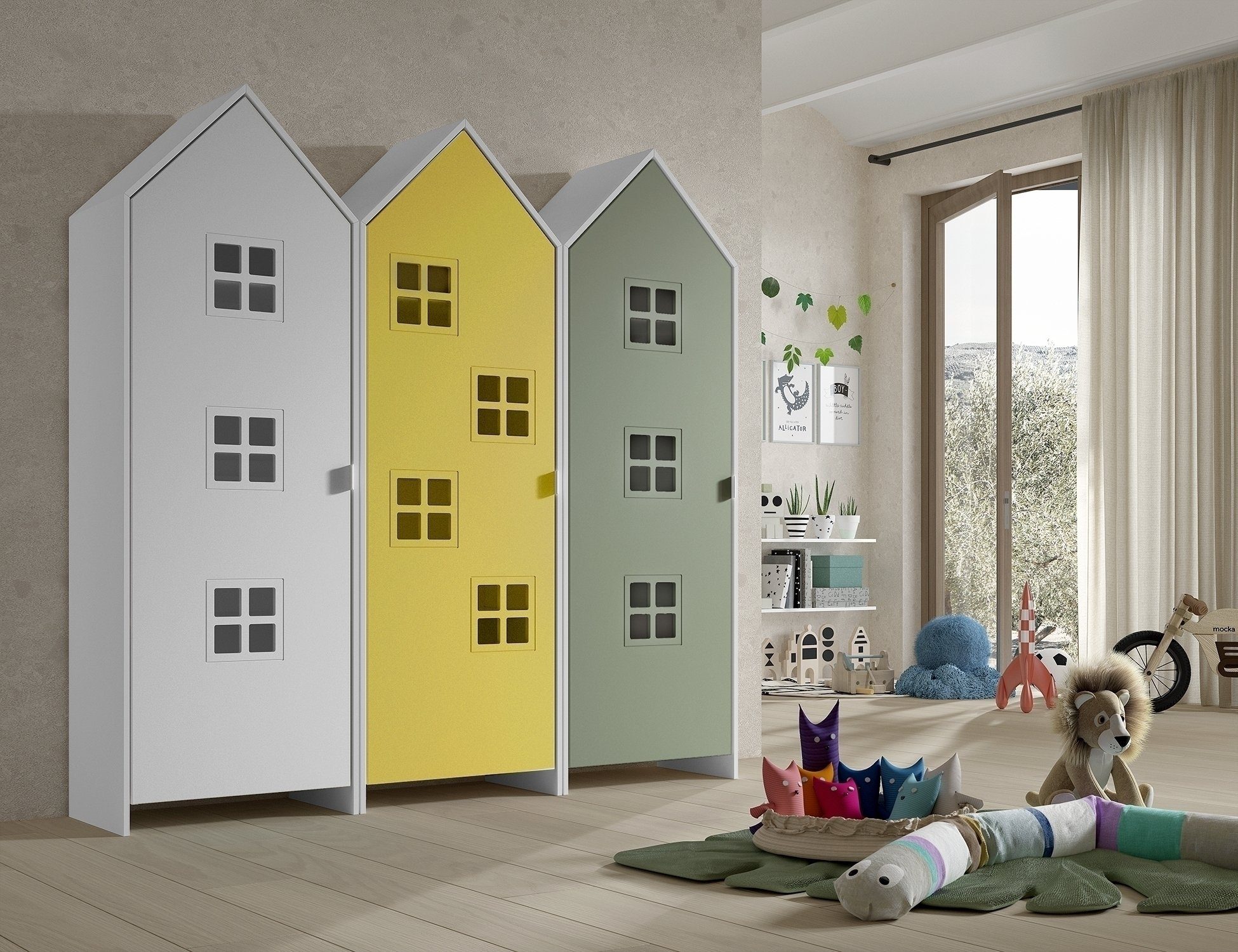 Vipack Kleiderschrank in Korpus Weiß / Front Gelb, Weiß u. Grün, MDF